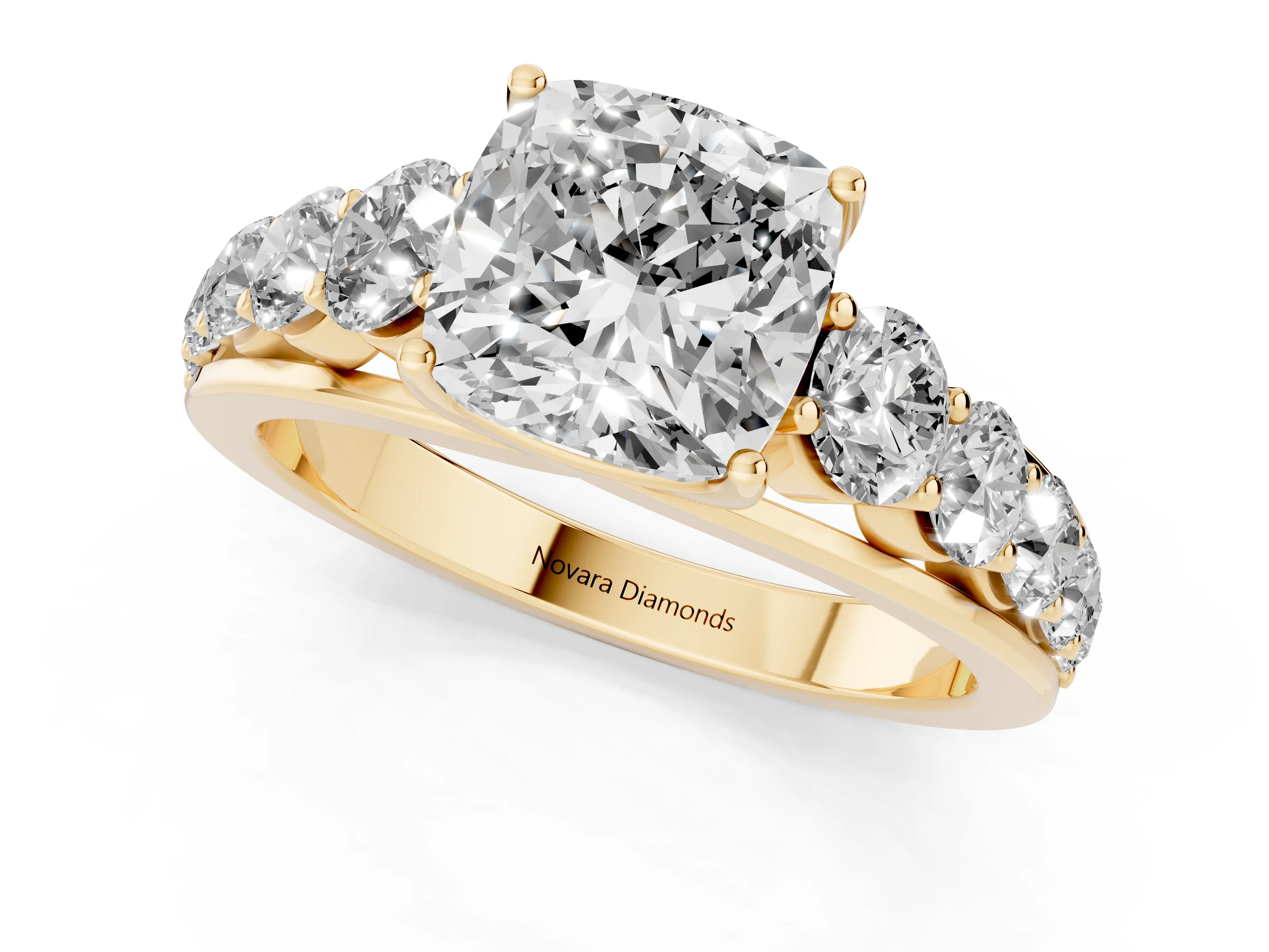 Cushion Cut Diamond Solitaire Ring Set in Yellow gold with Pavé-Set Band and Prong Setting