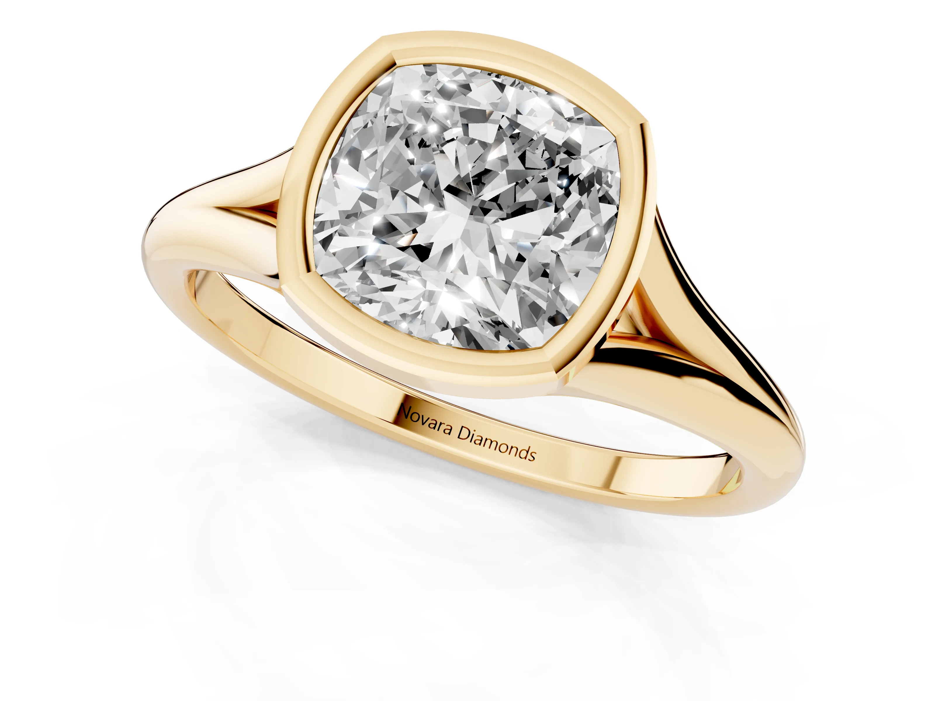Bezel Set Cushion Cut Diamond Solitaire Ring Set in Yellow gold with Tapered Band