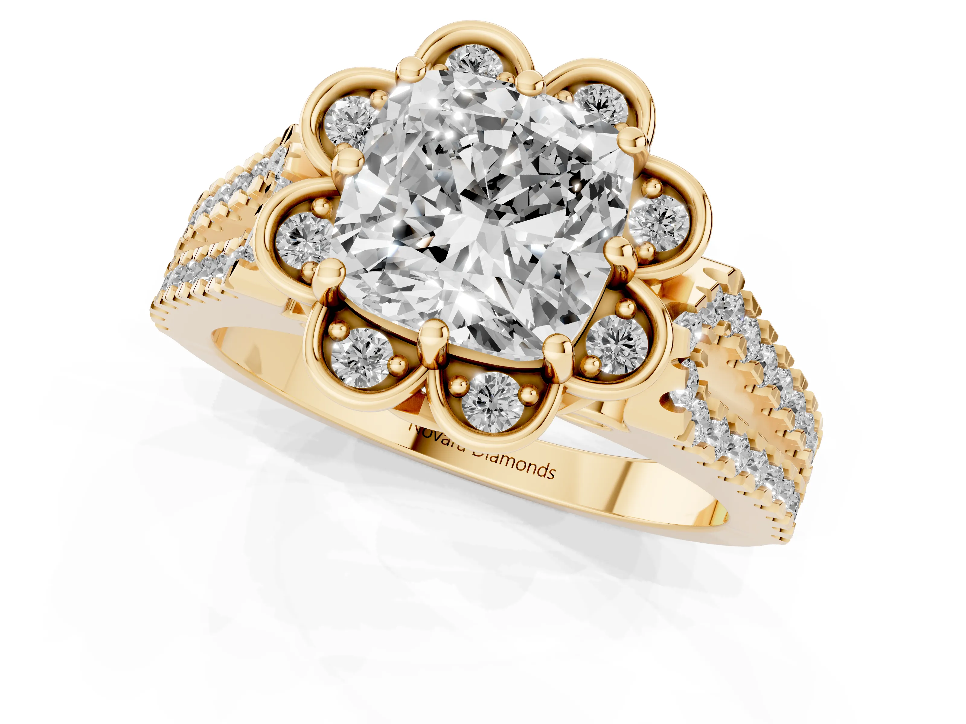 Cushion Cut Diamond Floral Halo Split Shank Engagement Ring Set in Yellow gold with Pavé Shank