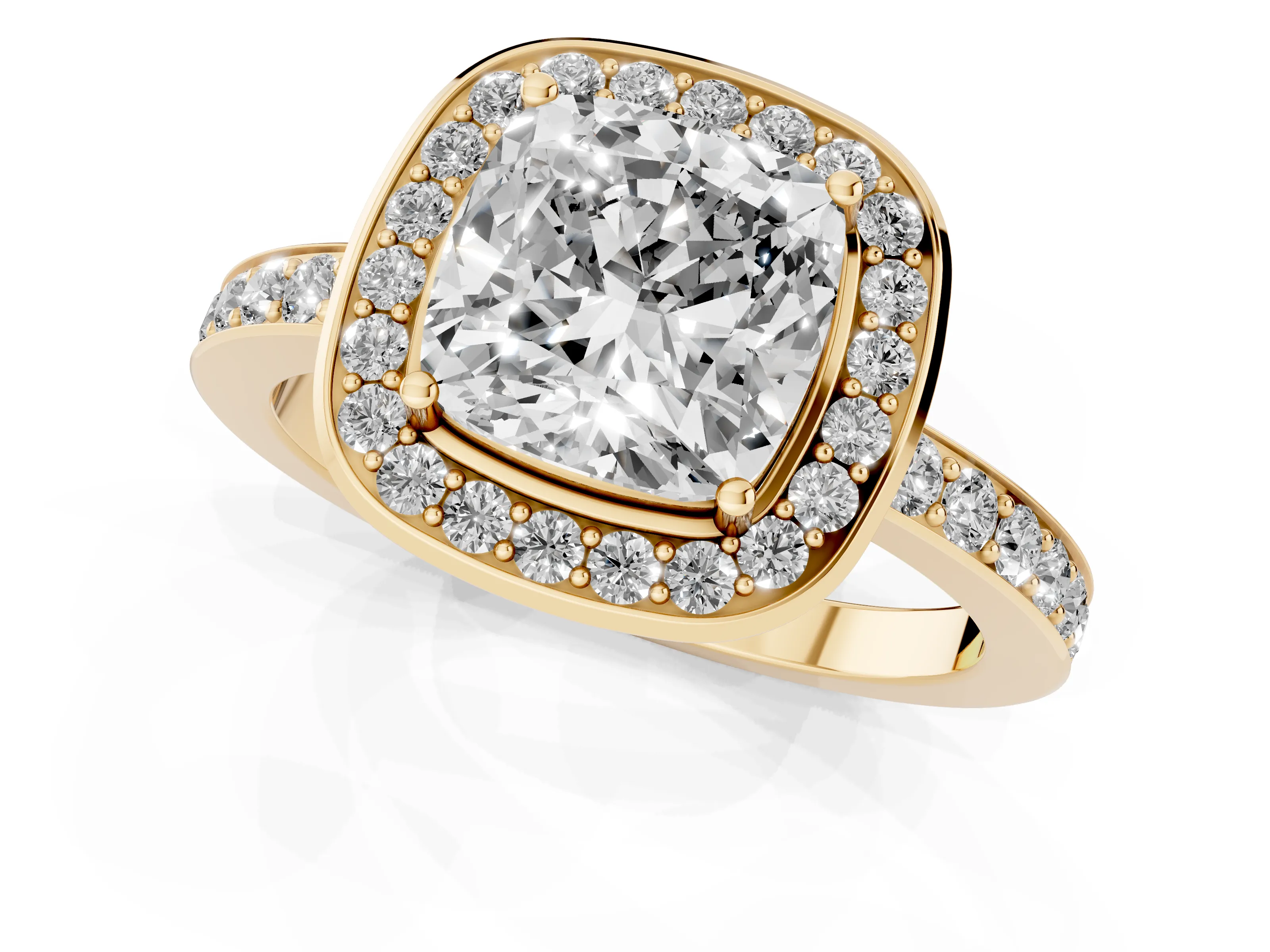 Cushion Cut Diamond Halo Ring Set in Yellow gold with Bezel Frame and Pavé Band