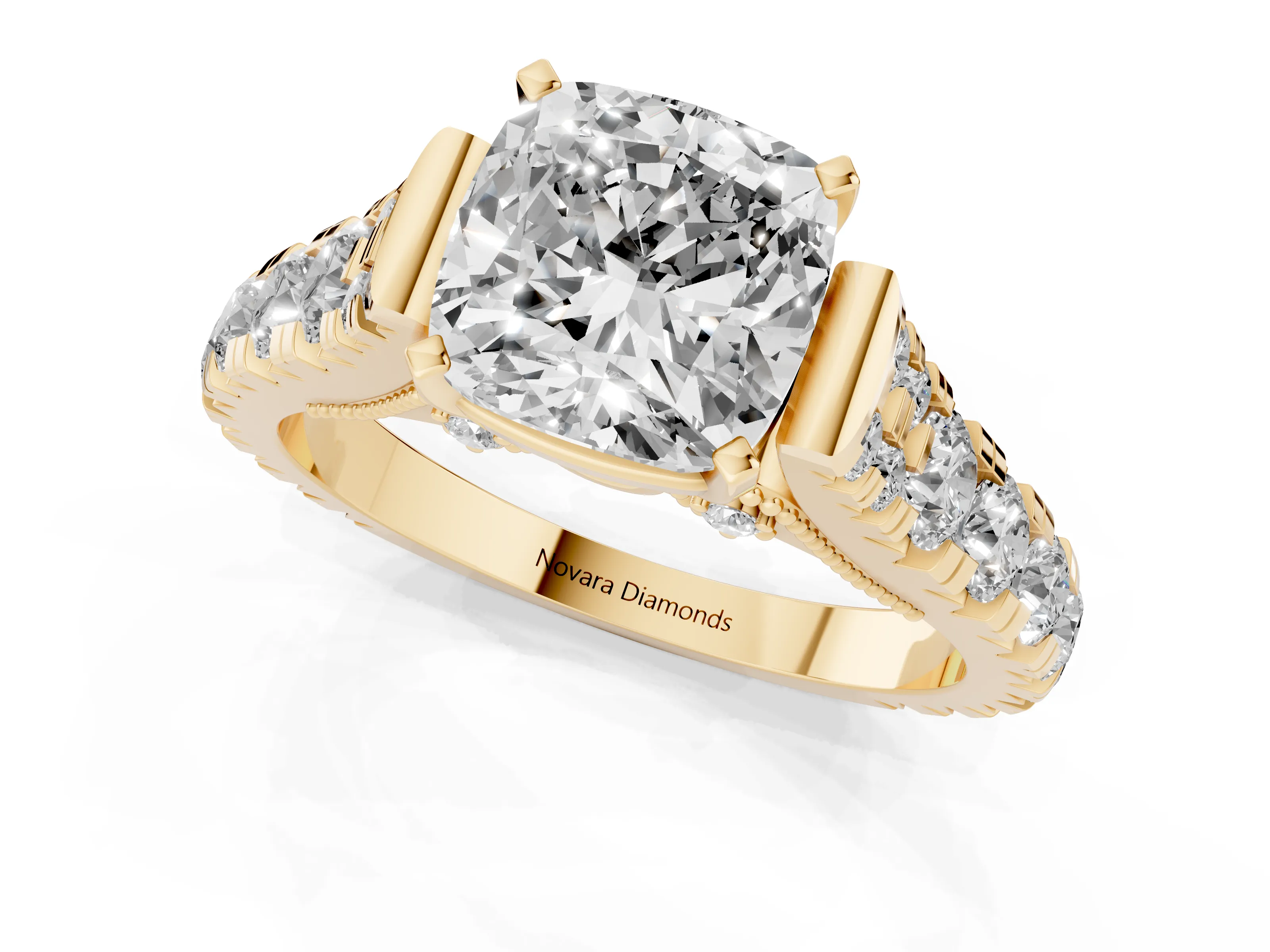 Cushion Cut Diamond Classic Solitaire Ring Set in Yellow gold with Pavé Band and Prong Setting