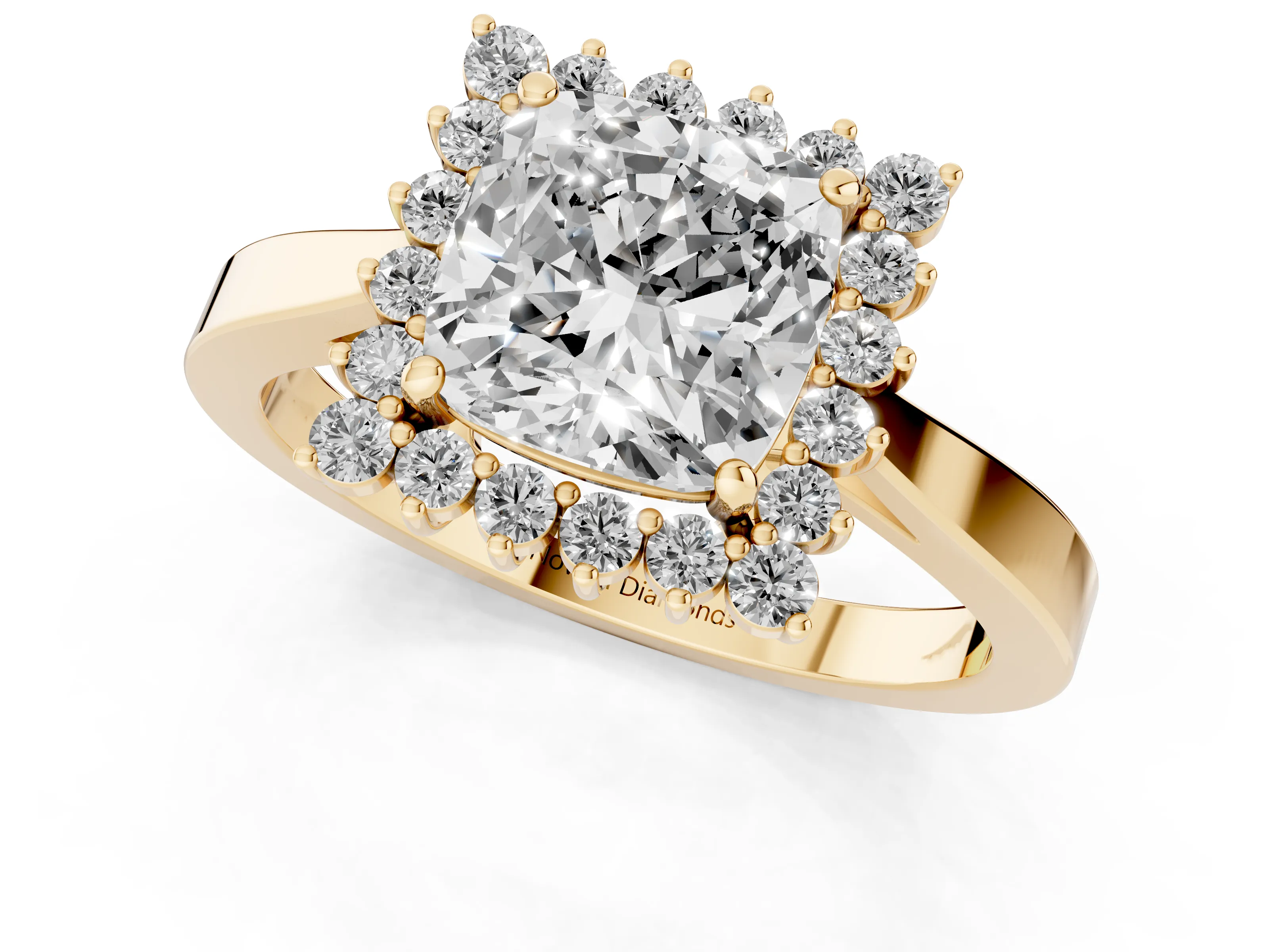 Cushion Cut Diamond Halo Ring Set in Yellow gold with Round Halo and Smooth Solitaire Band
