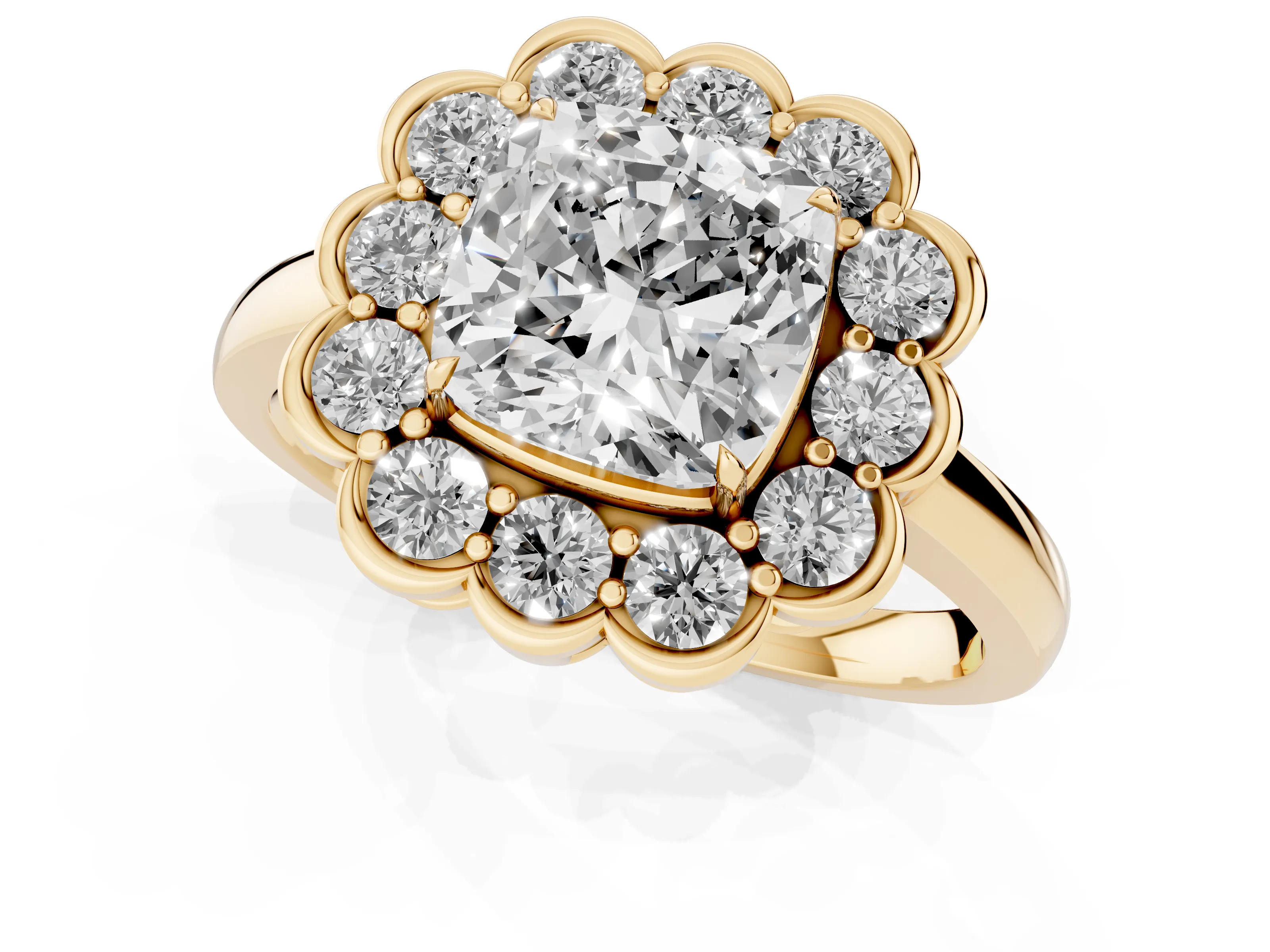 Cushion Cut Diamond Halo Cluster Engagement Ring Set in Yellow gold with Solitaire Band and Prong Setting