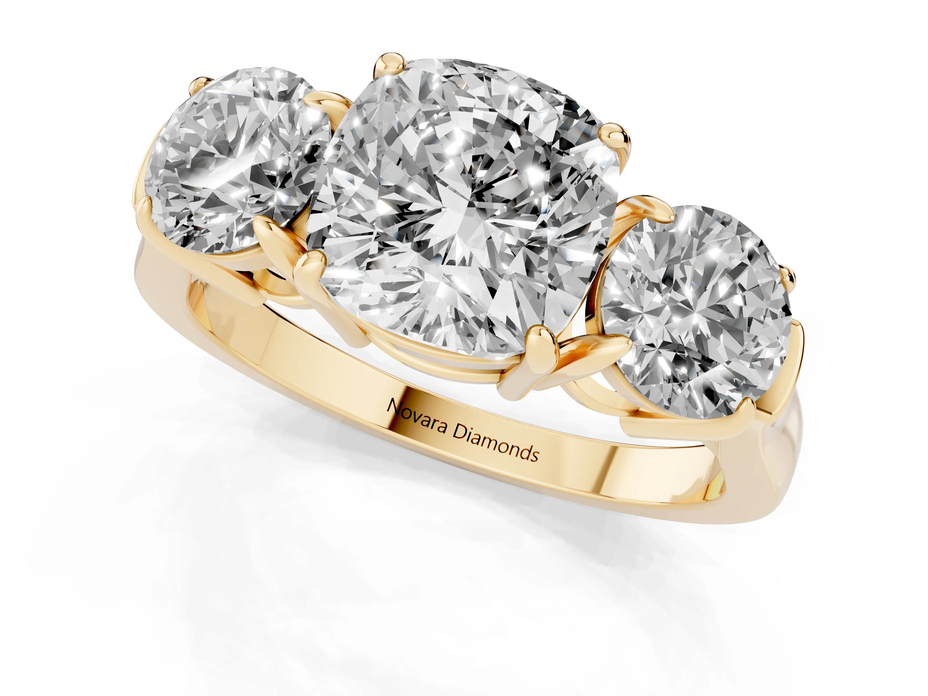 Cushion Cut Diamond Three-Stone Ring Set in Yellow gold with Round Accent Stones and Plain Band