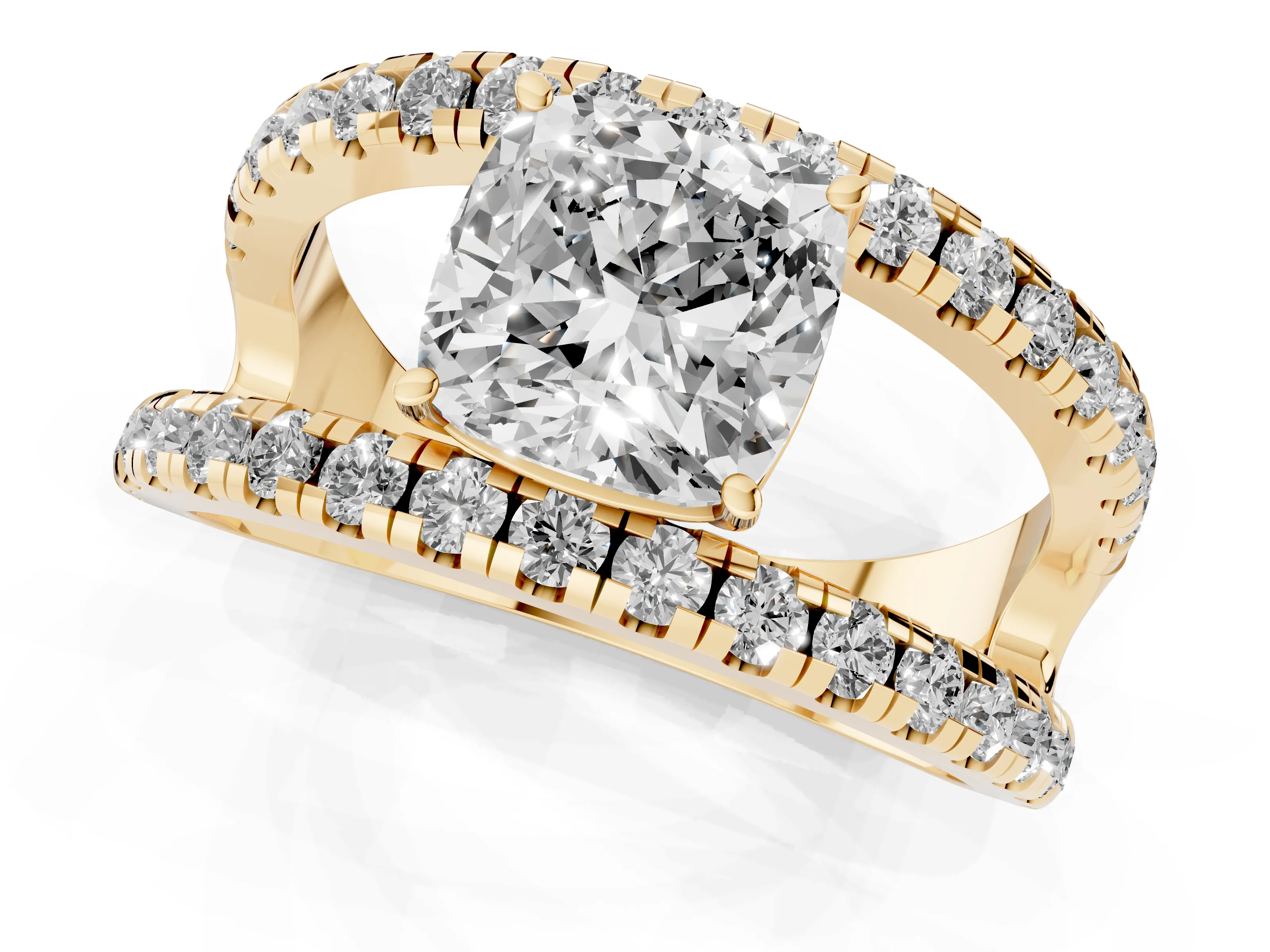 Cushion Cut Diamond Split Shank Pavé Solitaire Ring Set in Yellow gold with Open Shank Design