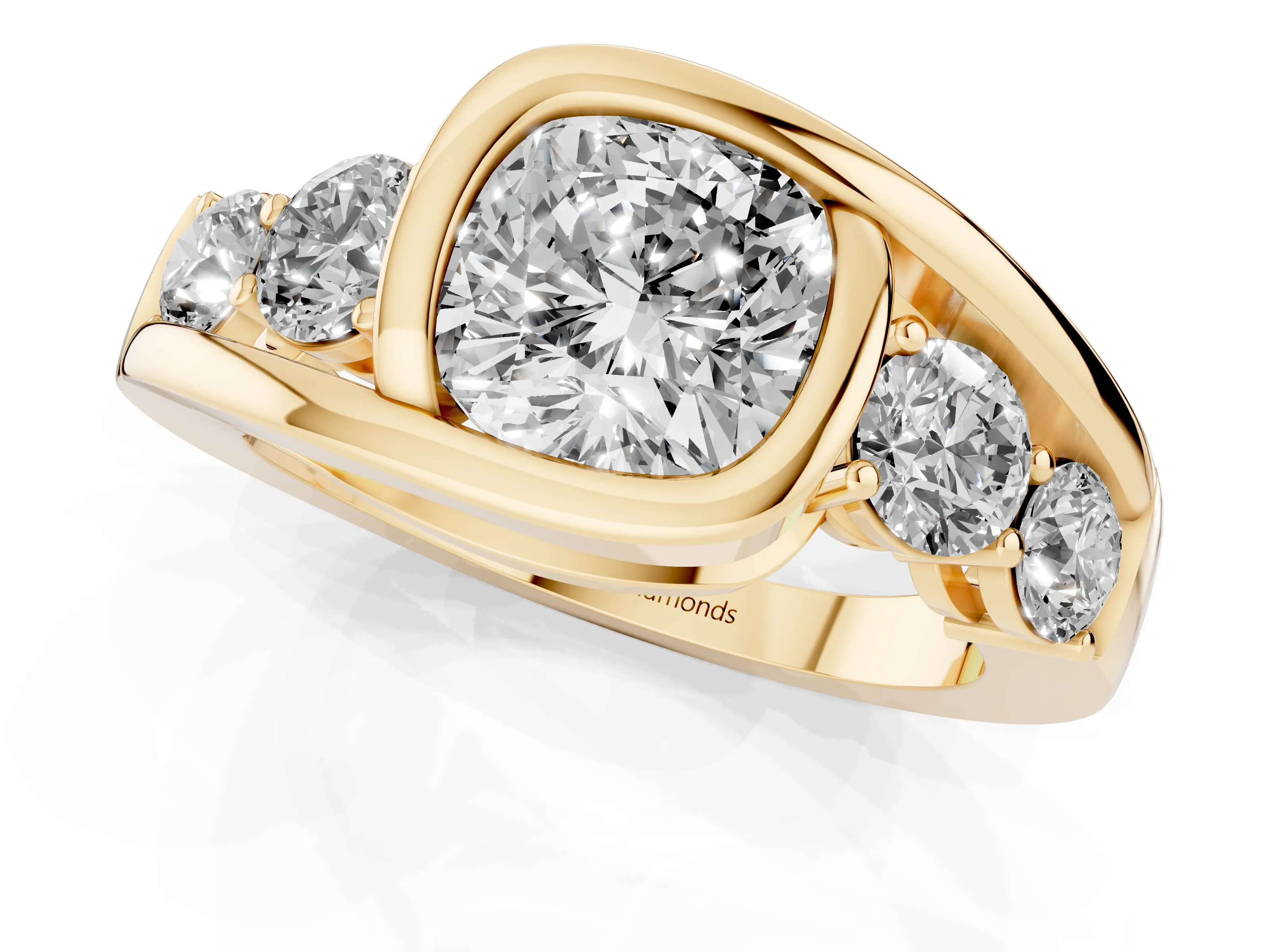 Cushion Cut Diamond Bezel Bypass Ring Set in Yellow gold with Round Accents