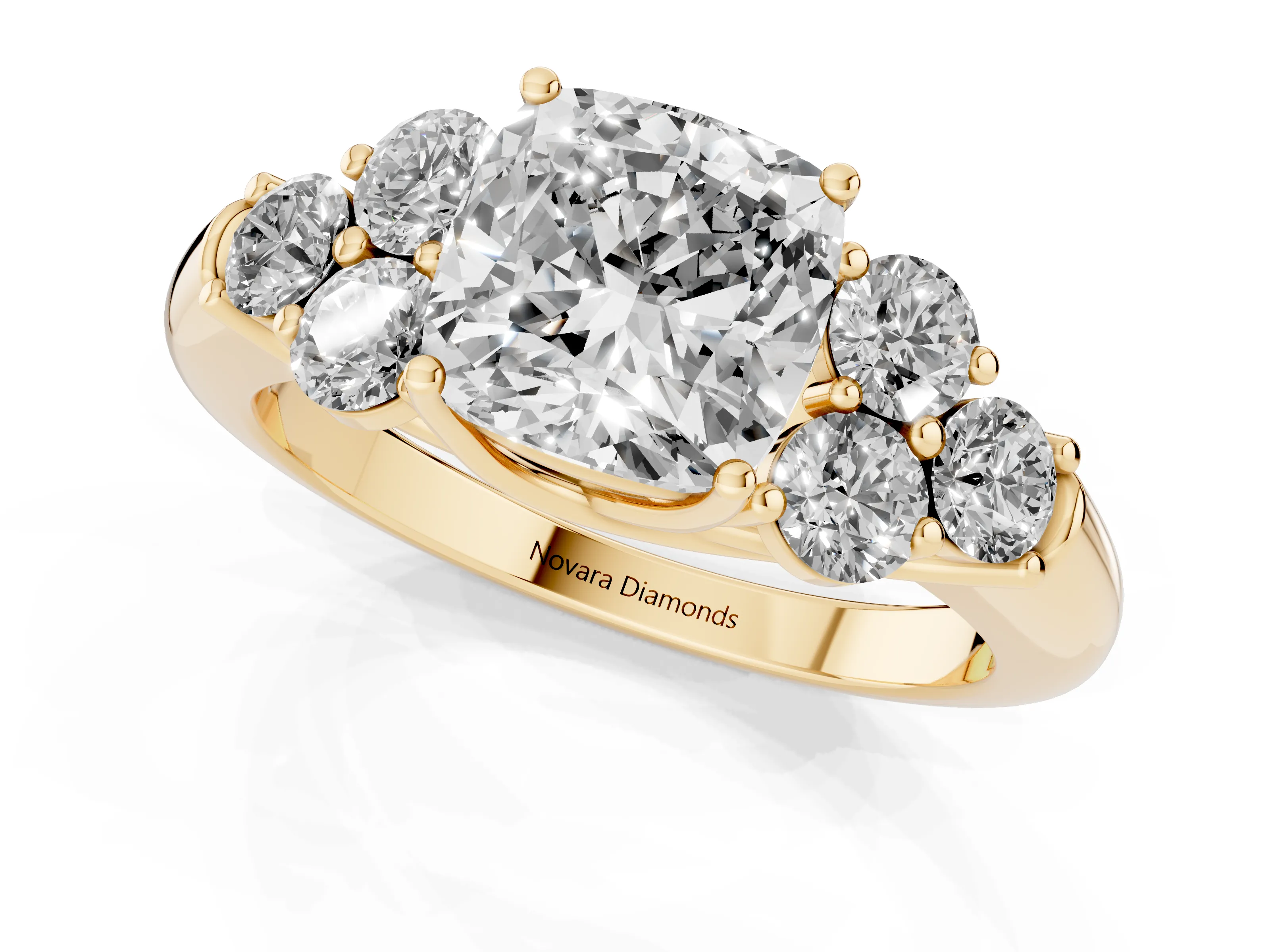 Cushion Cut Diamond Cluster Ring Set in Yellow gold with Round Accent Stones and Prong Setting on a Plain Band