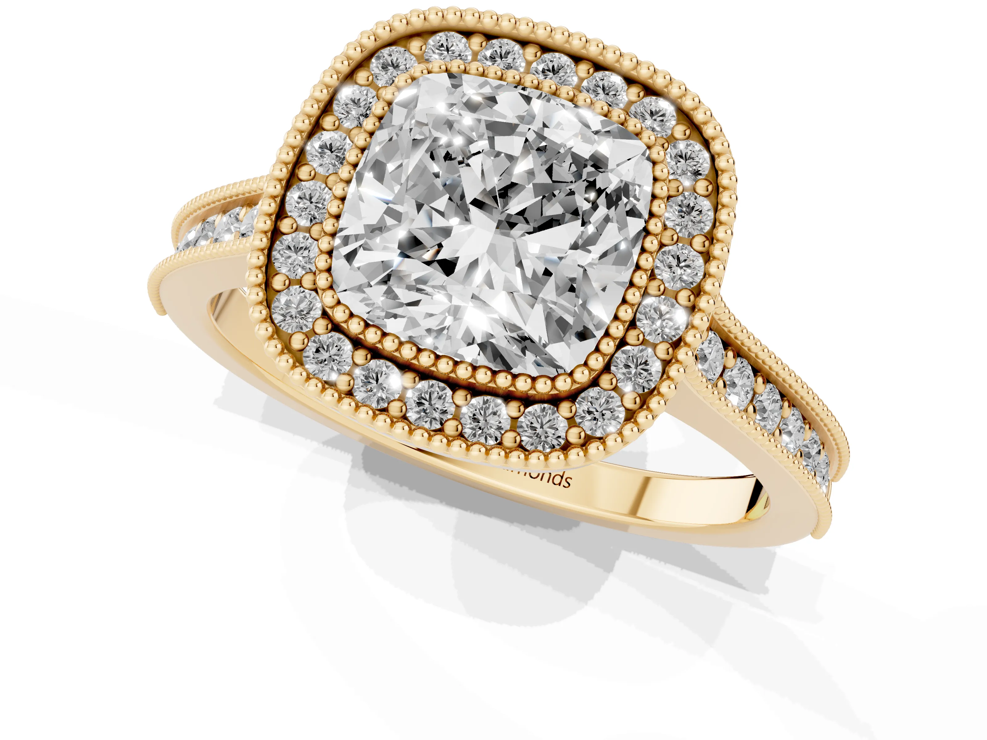 Cushion Cut Diamond Halo Milgrain Pavé Band Ring Set in Yellow gold with Prong Setting
