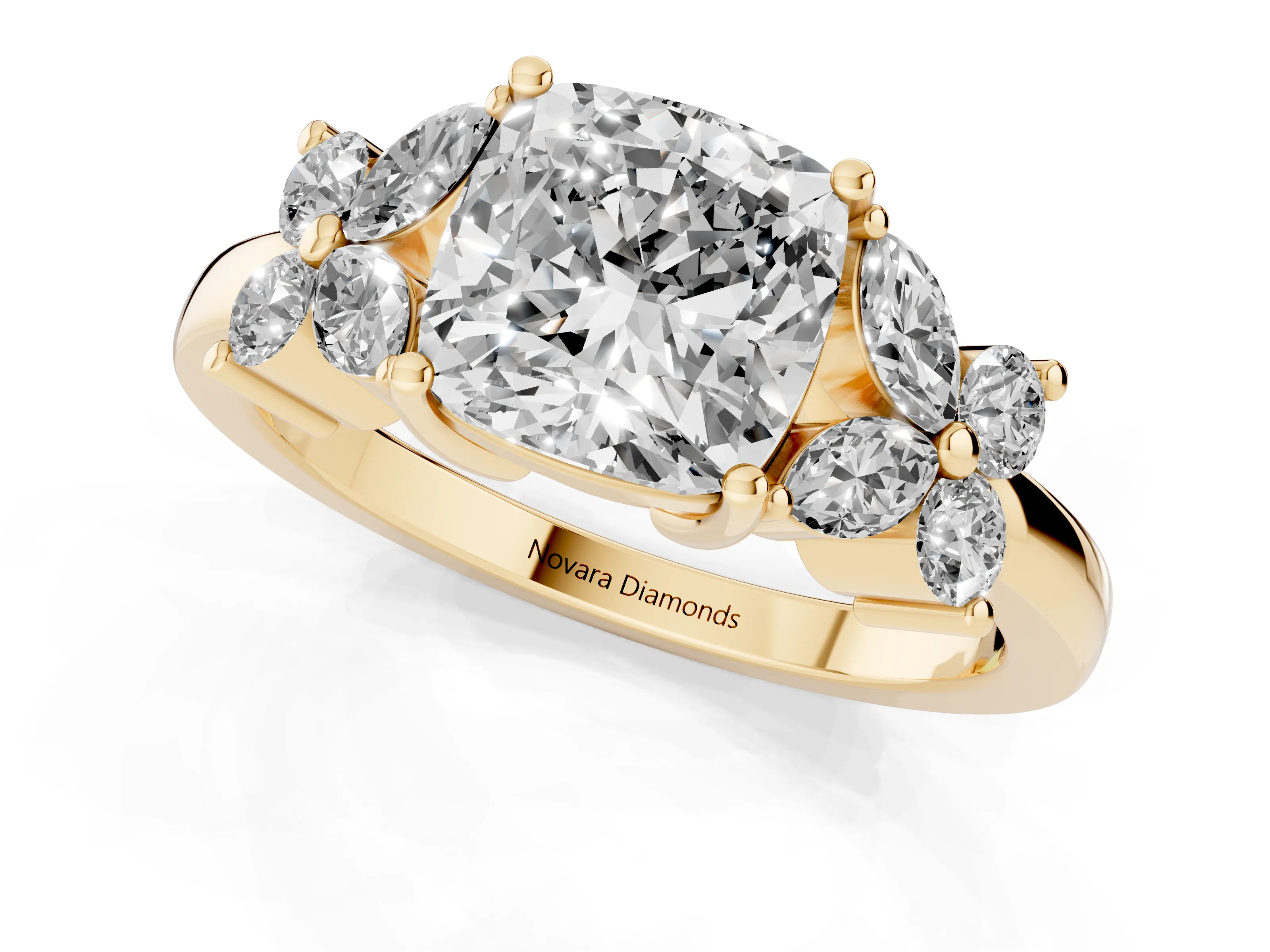 Cushion Cut Diamond Floral Cluster Ring Set in Yellow gold with Marquise Petals and Prong Setting