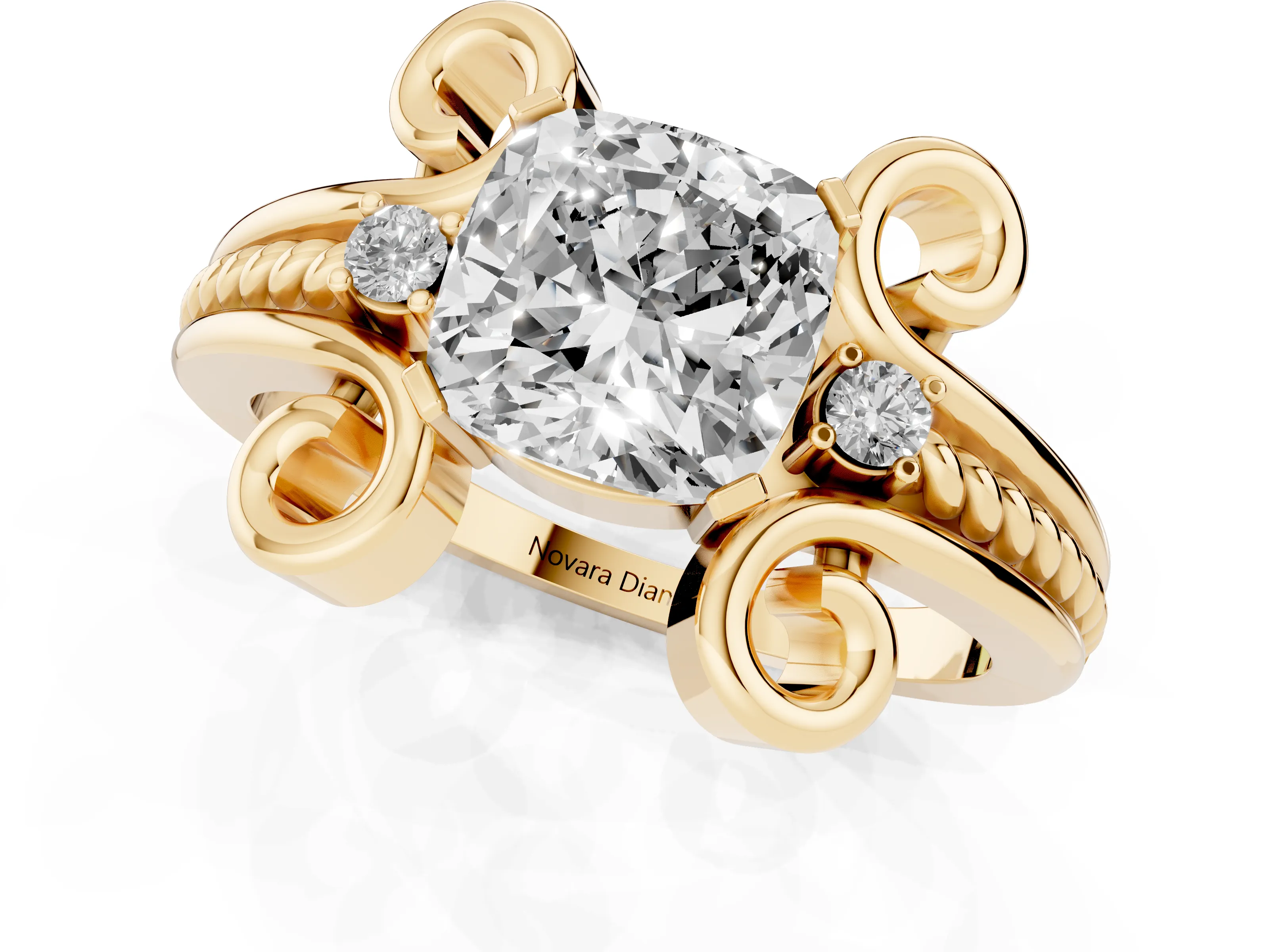 Cushion Cut Diamond Twisted Band Solitaire Ring Set in Yellow gold with Scroll Prongs