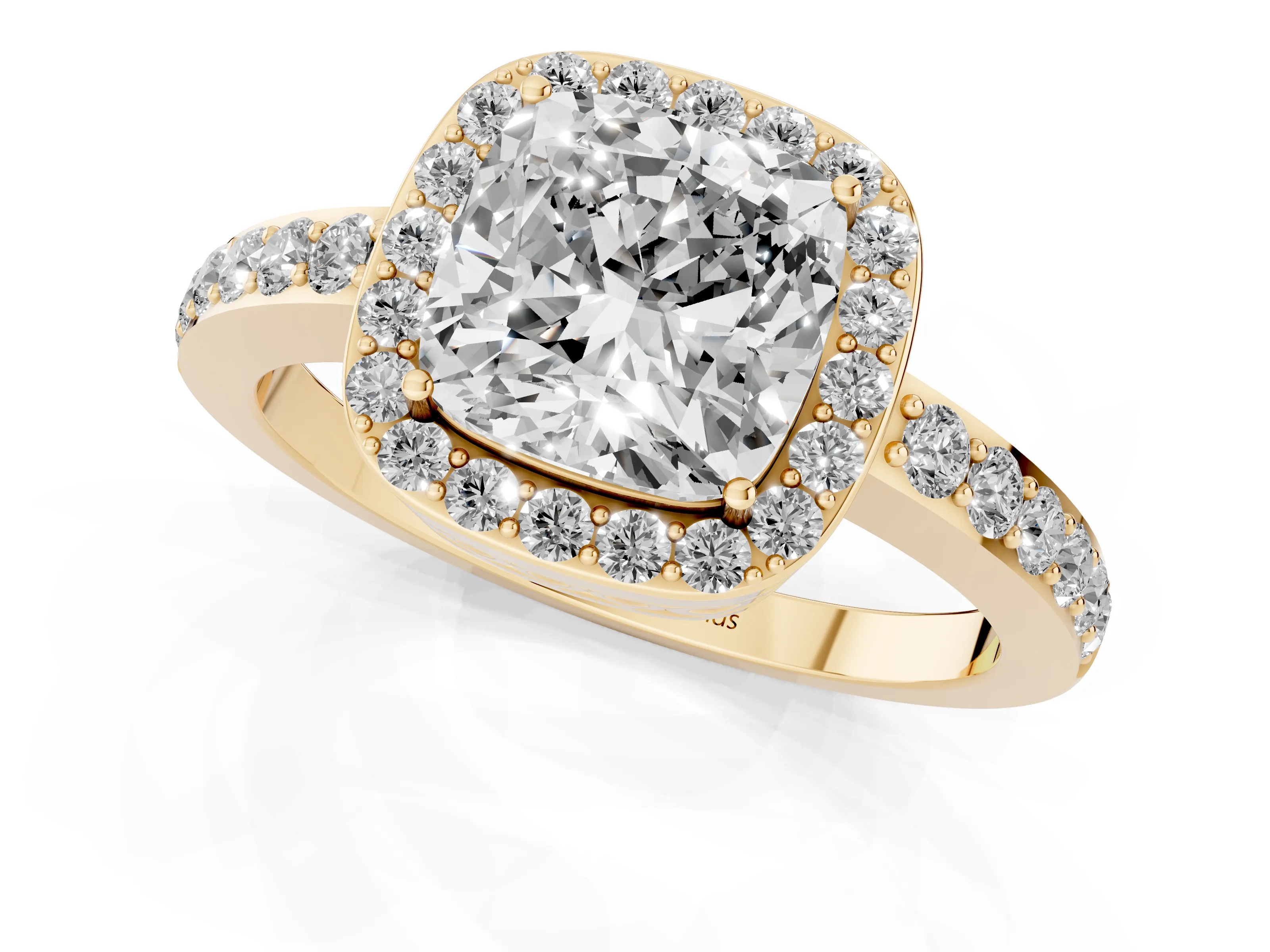 Cushion Cut Diamond Halo Ring Set in Yellow gold with Pavé-Setting Band and Open Prong Center