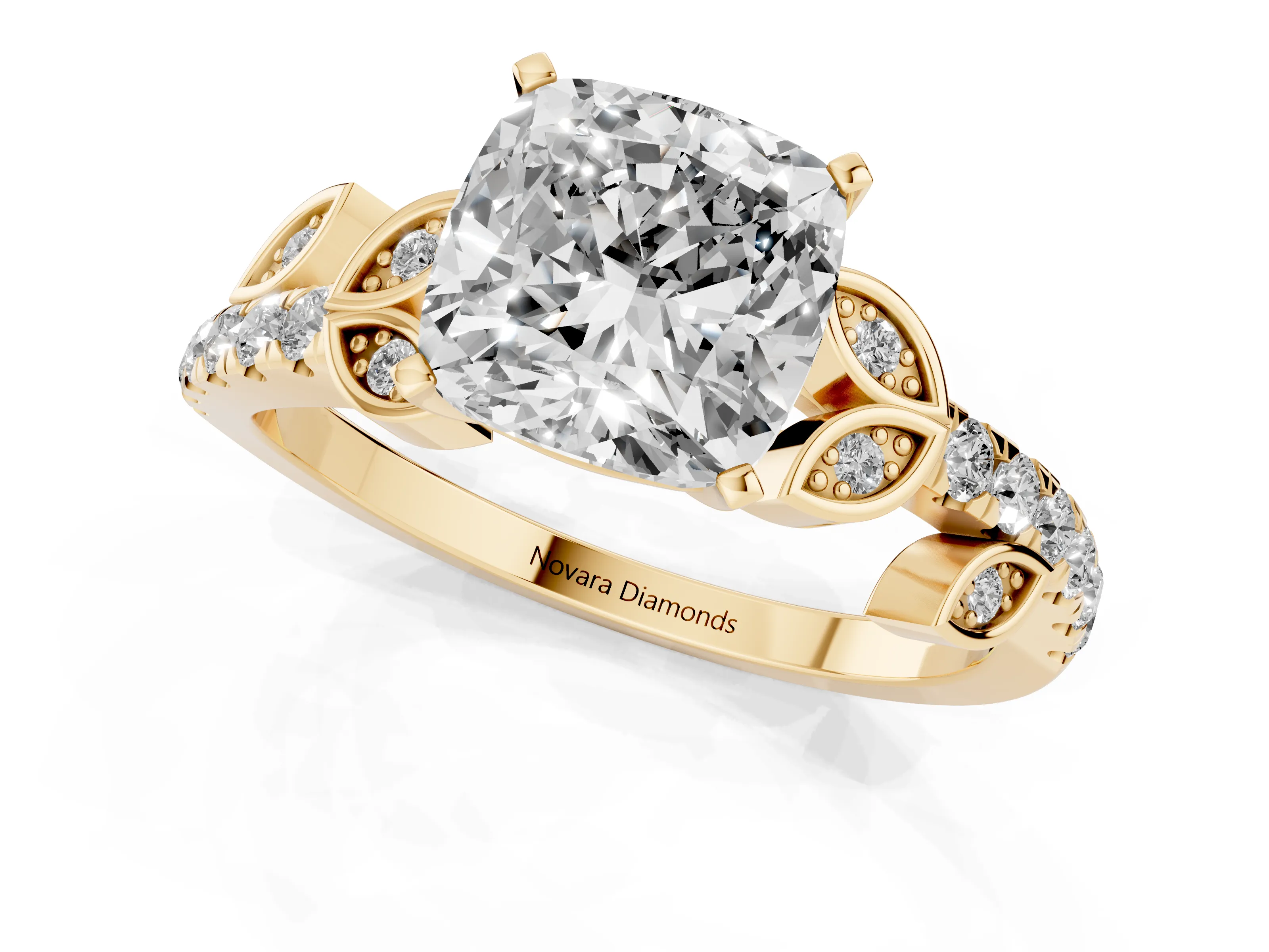Cushion Cut Diamond Solitaire Leaf-Inspired Ring Set in Yellow gold with Pavé Band and Prong Setting
