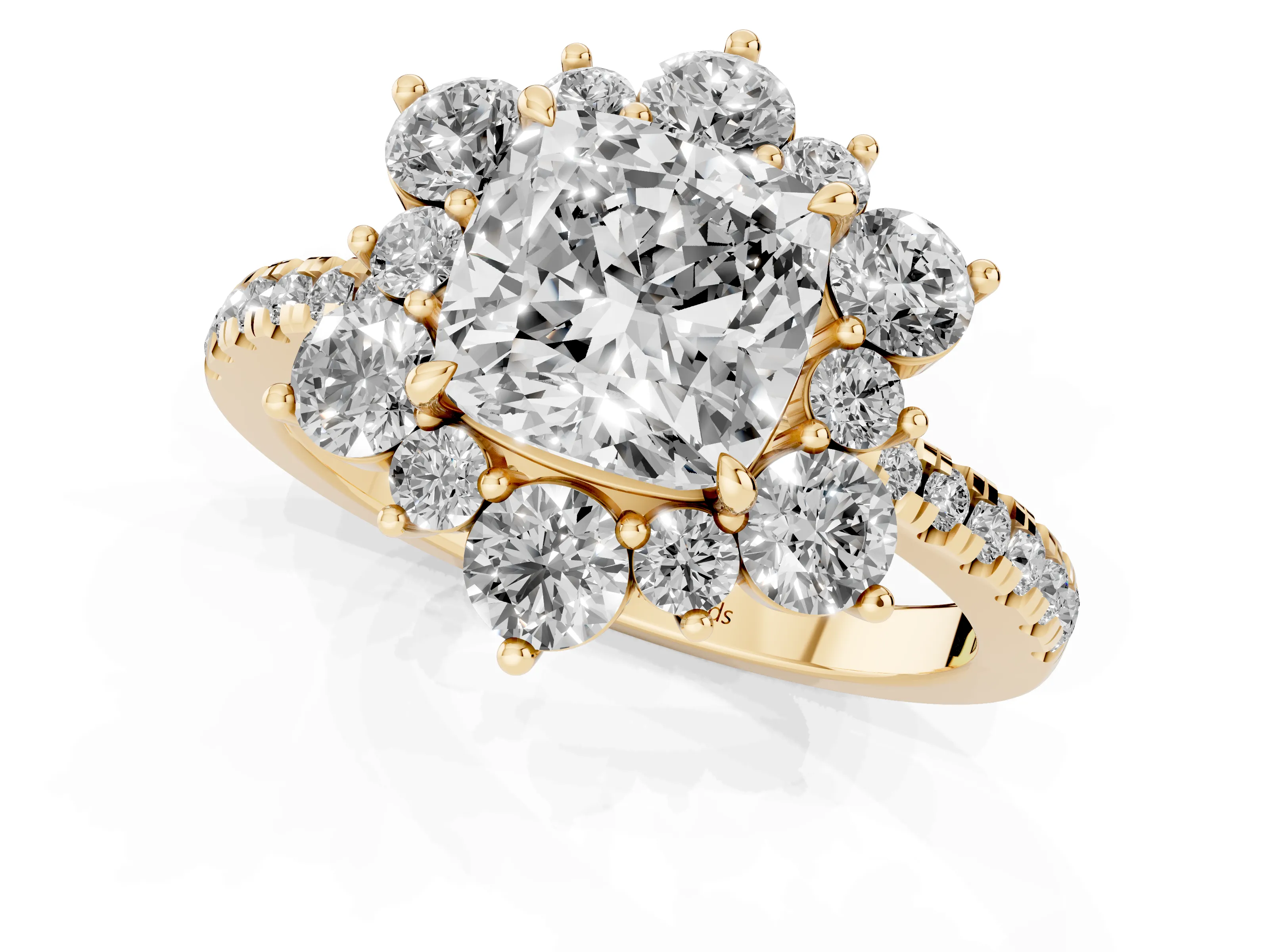 Cushion Cut Diamond Floral Halo Ring Set in Yellow gold with Round Pavé Band and Prong Setting