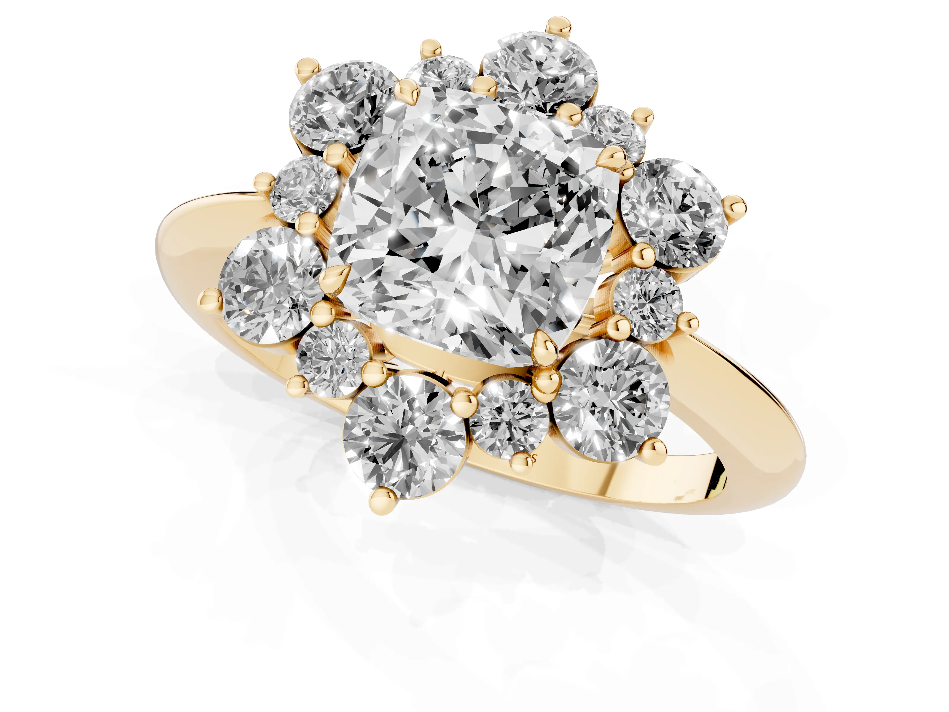 Cushion Cut Diamond Cluster Halo Ring Set in Yellow gold with Solitaire Band and Prong Setting