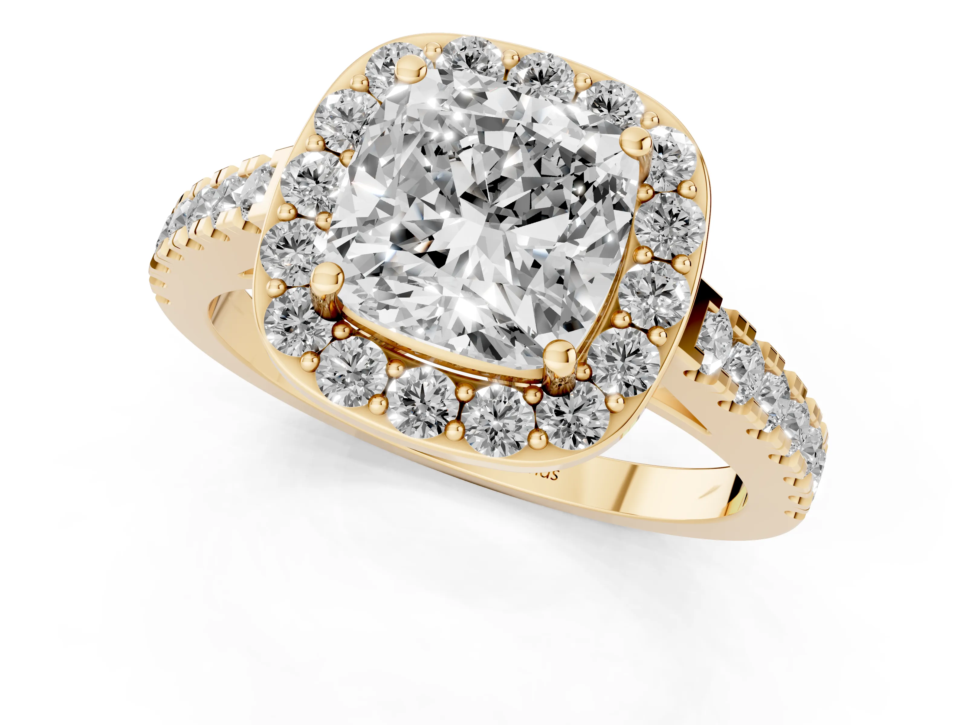 Cushion Cut Diamond Halo Ring Set in Yellow gold with Round Pavé Split Shank and Prong Setting