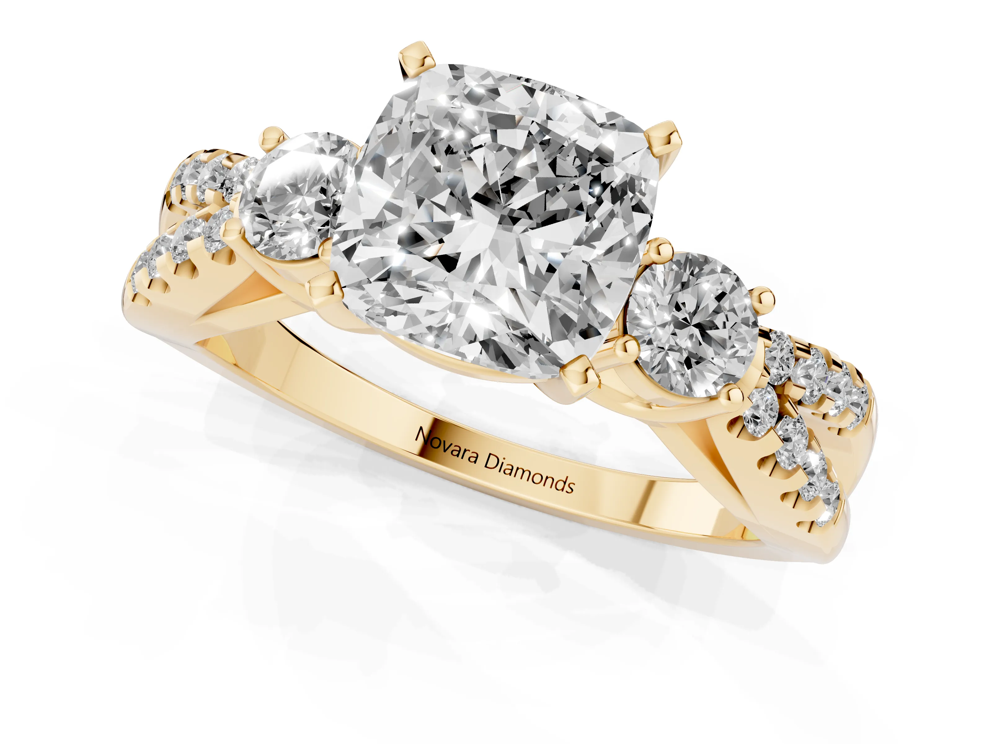 Cushion Cut Diamond Three-Stone Ring Set in Yellow gold with Pavé Split Shank and Prong Setting