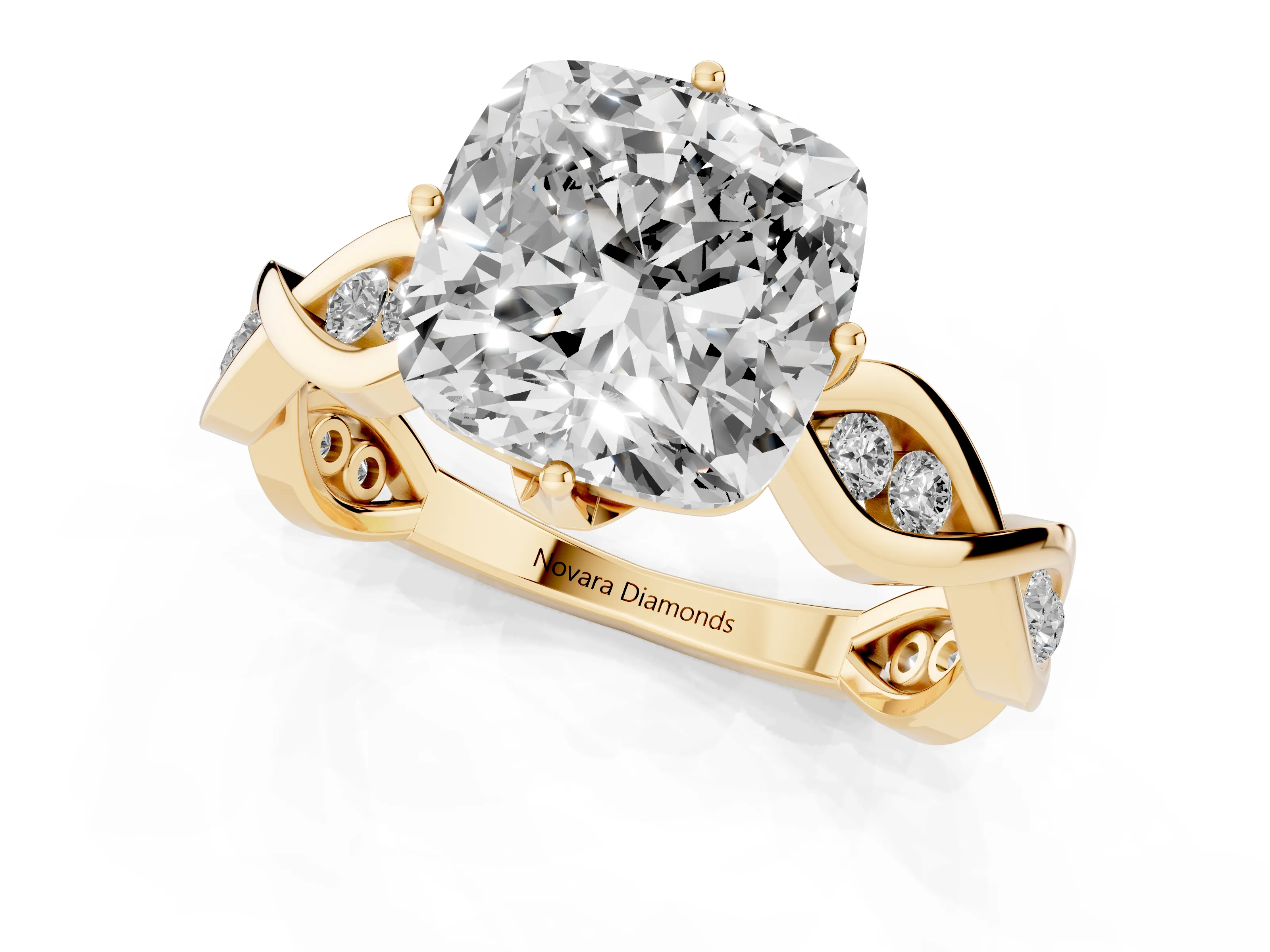 Cushion Cut Diamond Twist Band Solitaire Ring Set in Yellow gold with Leaf Prong Setting and Accent Stones