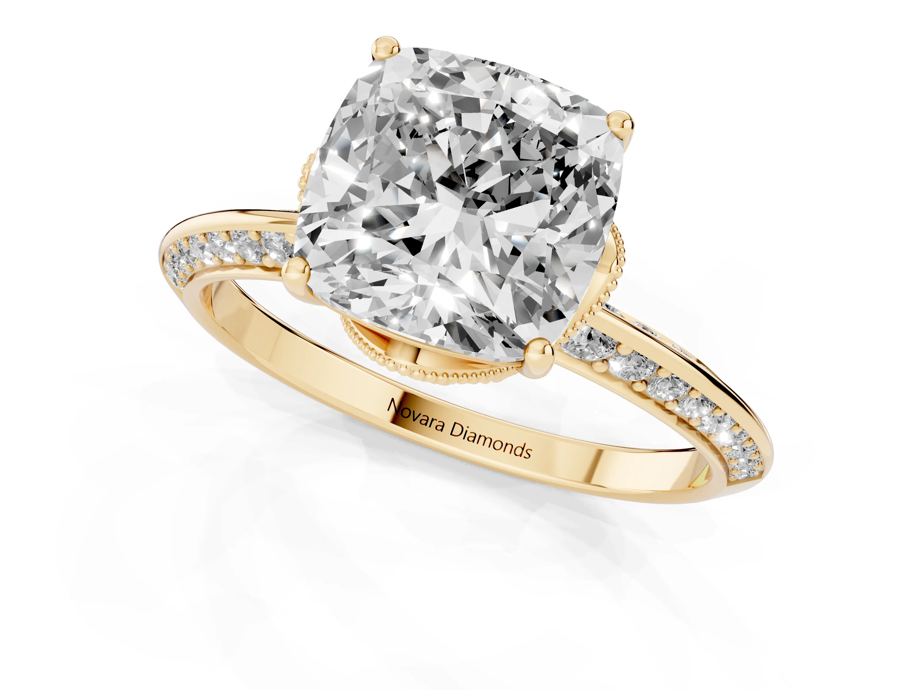Cushion Cut Diamond Solitaire Engagement Ring Set in Yellow gold with Pavé Split Shank and Prong Setting