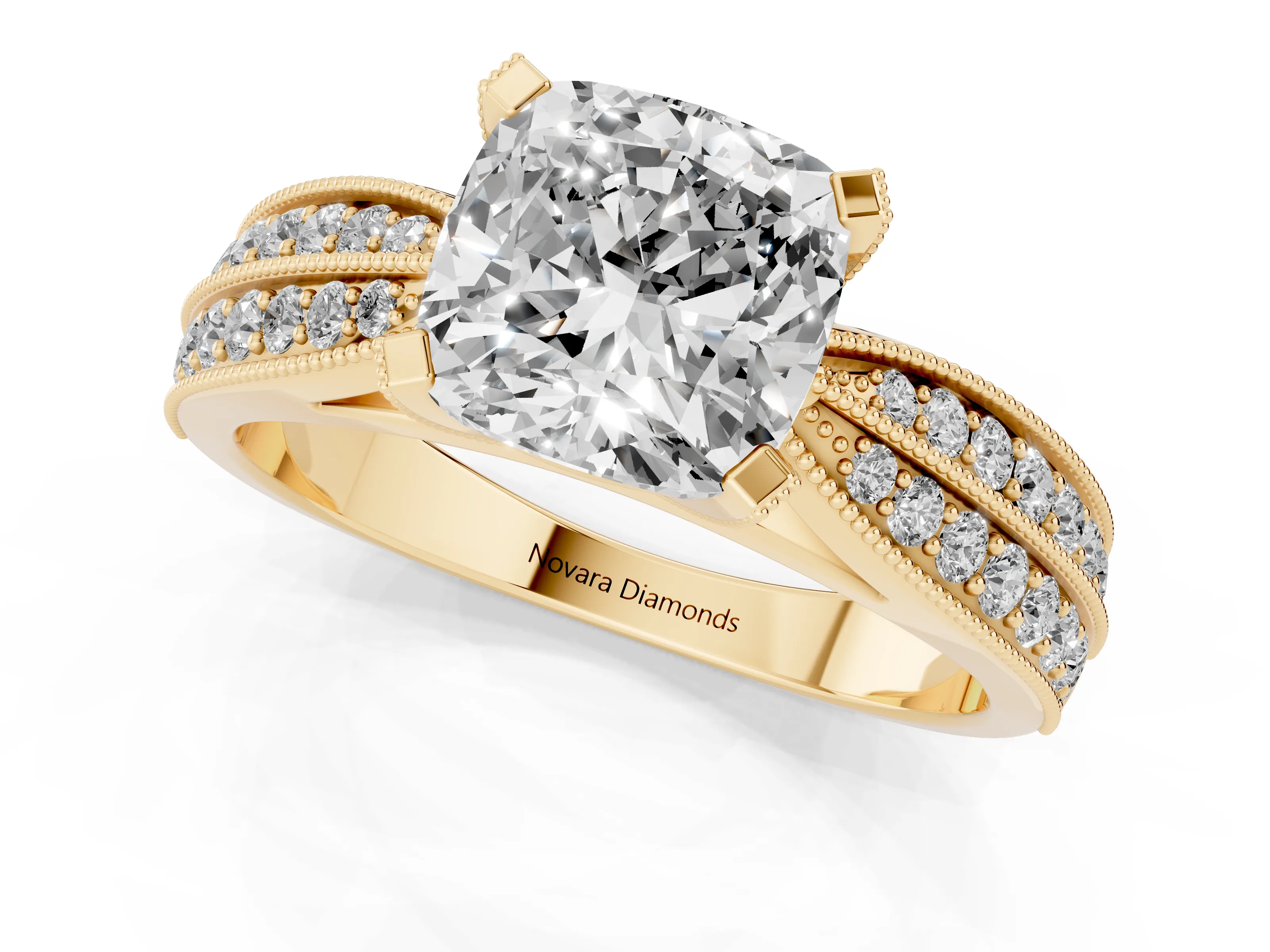 Cushion Cut Diamond Solitaire Ring Set in Yellow gold with Milgrain Double Row Round Pavé Band