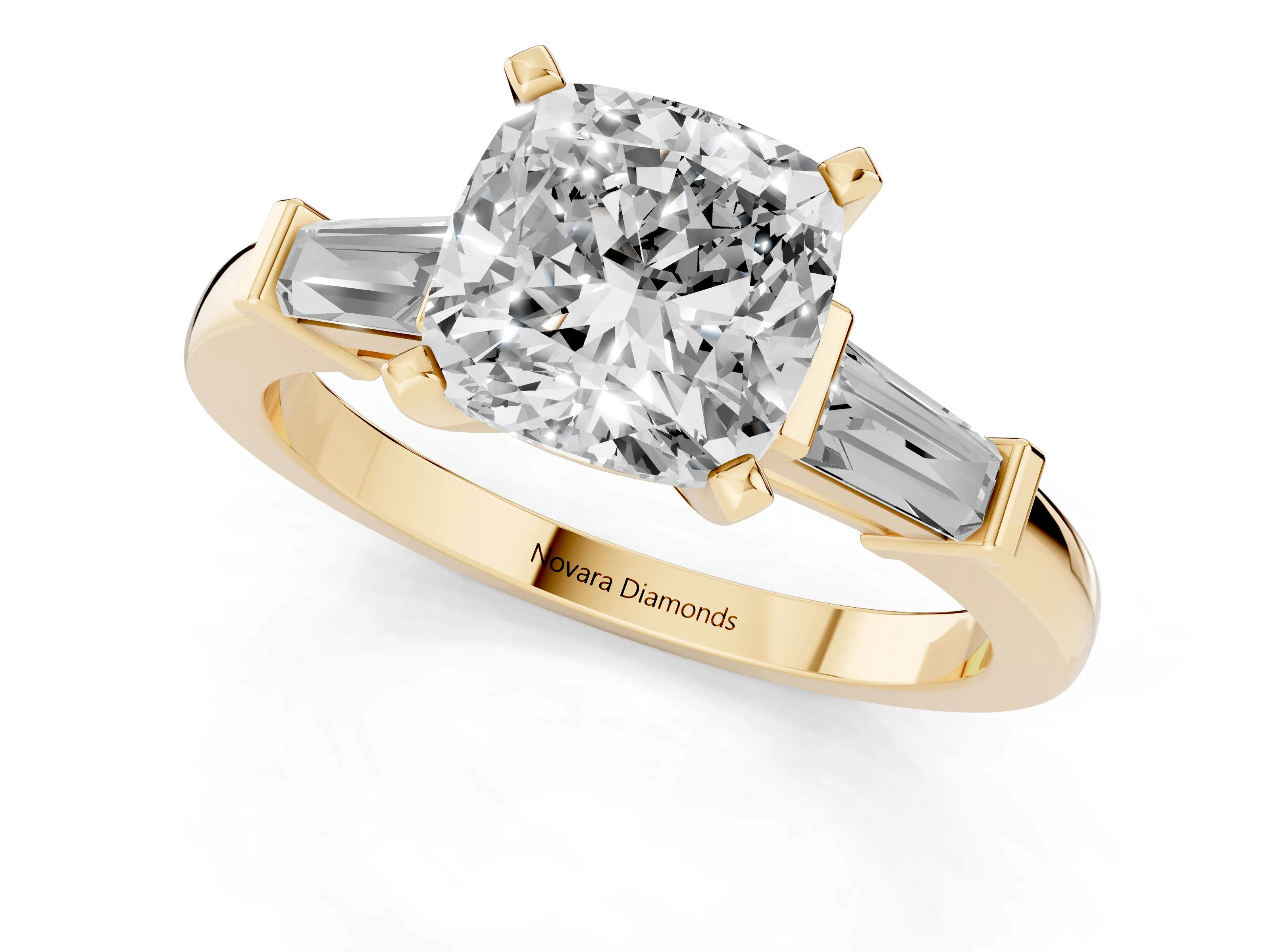 Cushion Cut Diamond Solitaire Ring Set in Yellow gold with Tapered Baguette Accents and Prong Setting