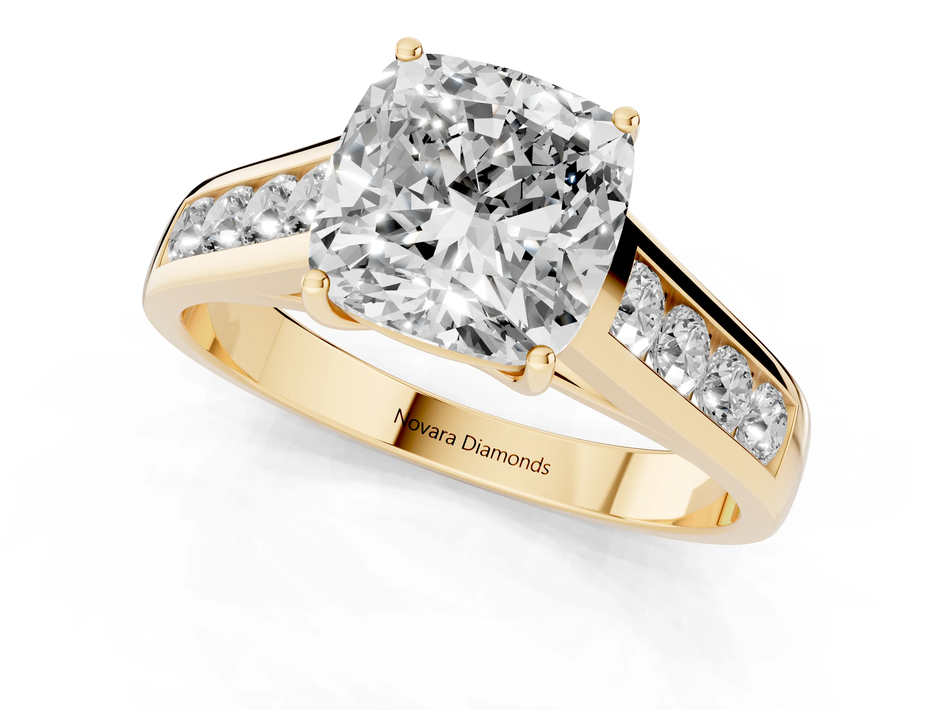 Cushion Cut Diamond Brilliant Channel-Set Solitaire Ring Set in Yellow gold with Prong Setting