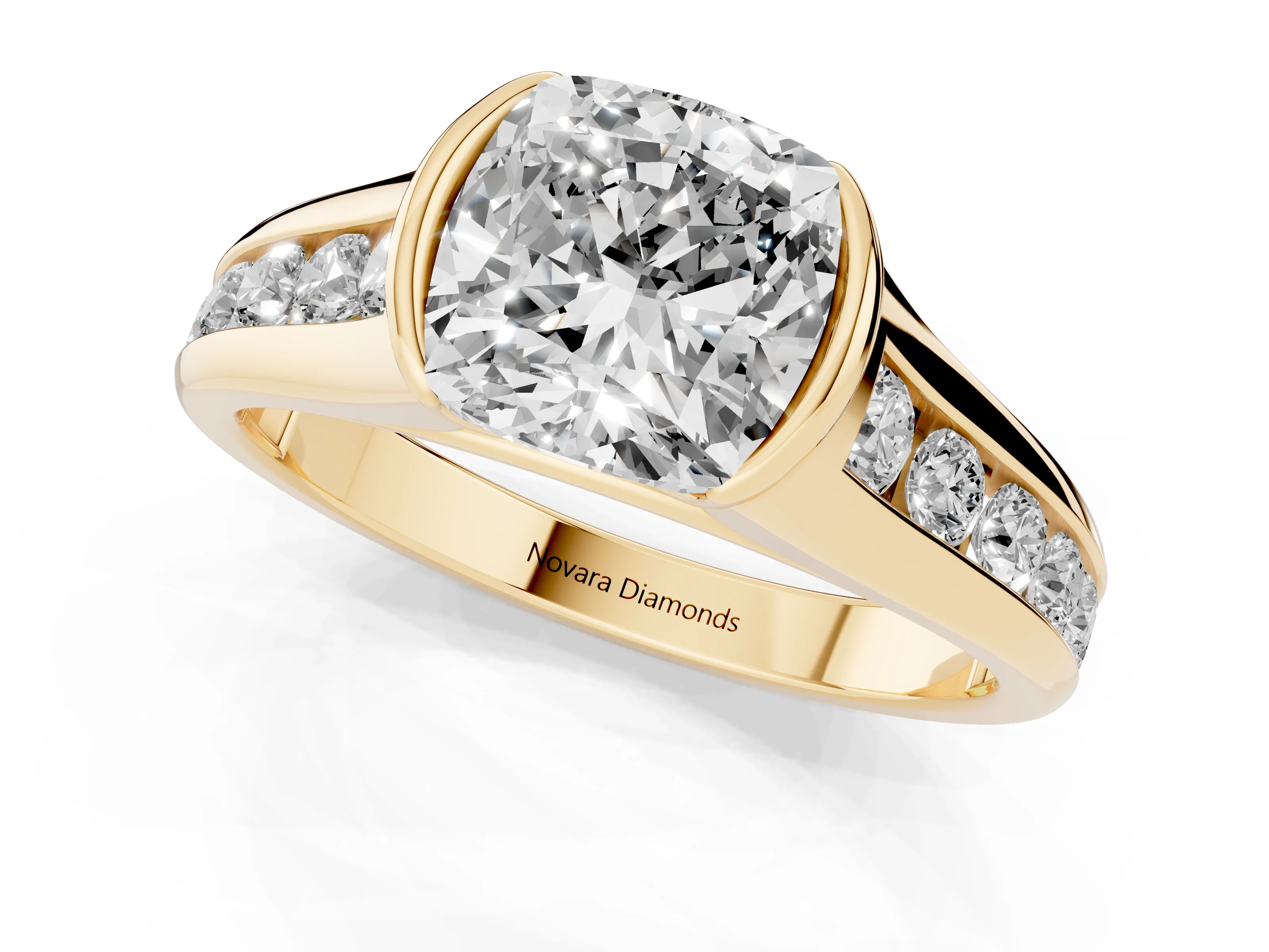 Cushion Cut Diamond Bezel-Set Solitaire Ring Set in Yellow gold with Channel-Set Band