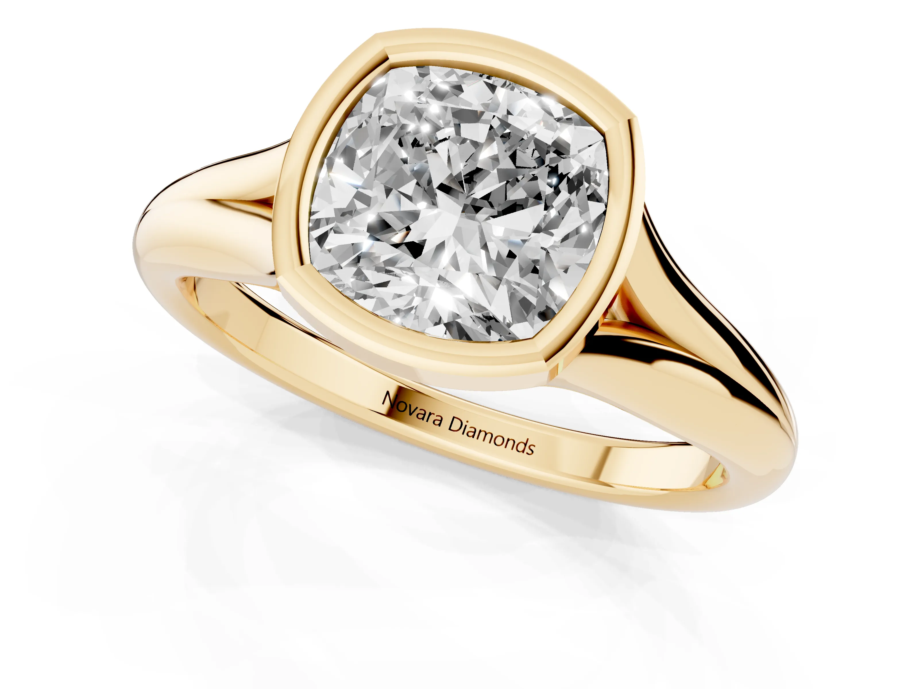 Bezel Set Cushion Cut Diamond Solitaire Ring Set in Yellow gold with Smooth Band