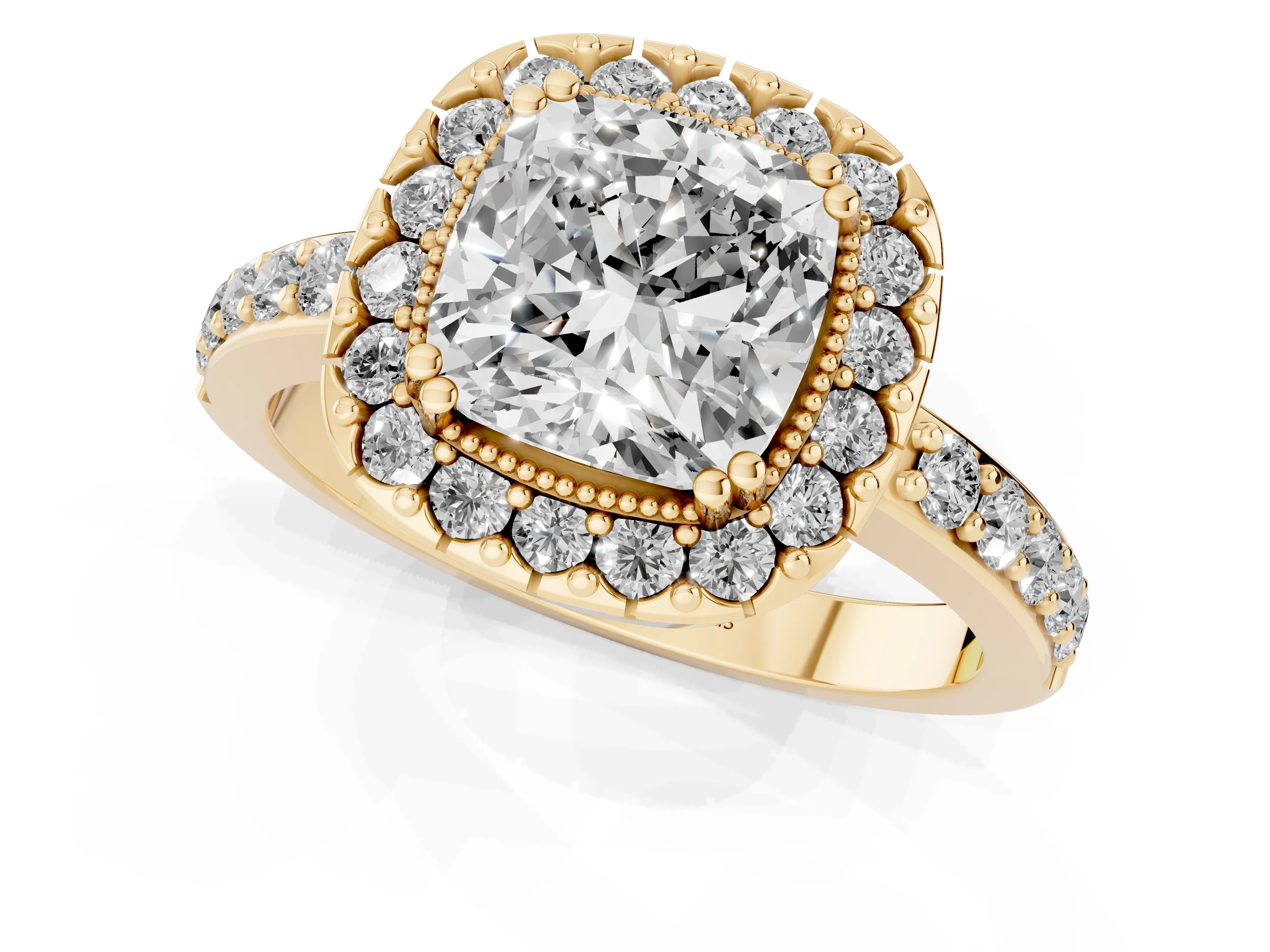 Cushion Cut Diamond Halo Ring Set in Yellow gold with Pavé Shank and Prong Setting