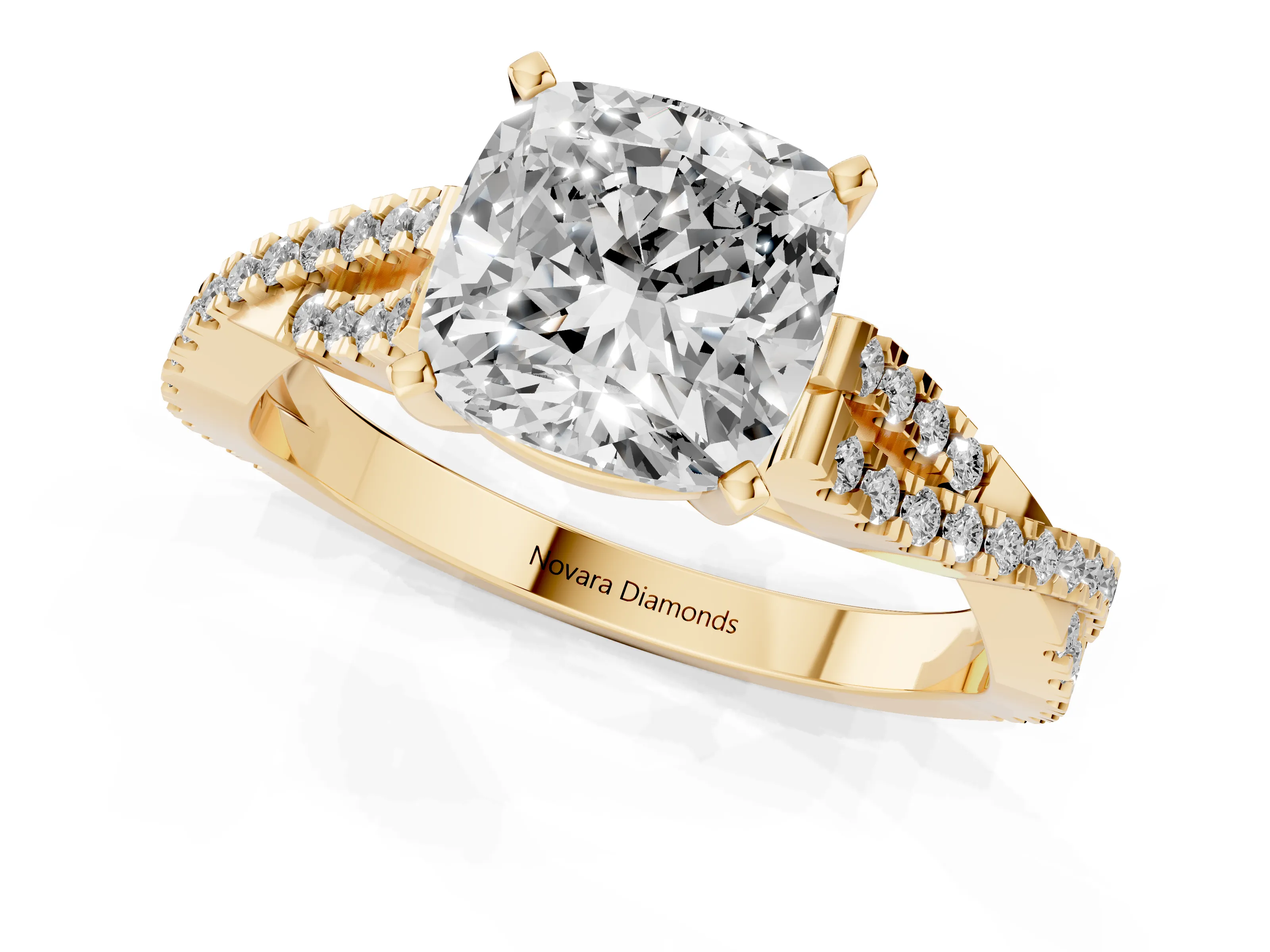 Cushion Cut Diamond Solitaire Engagement Ring Set in Yellow gold with Twisted Pavé Band and Prong Setting