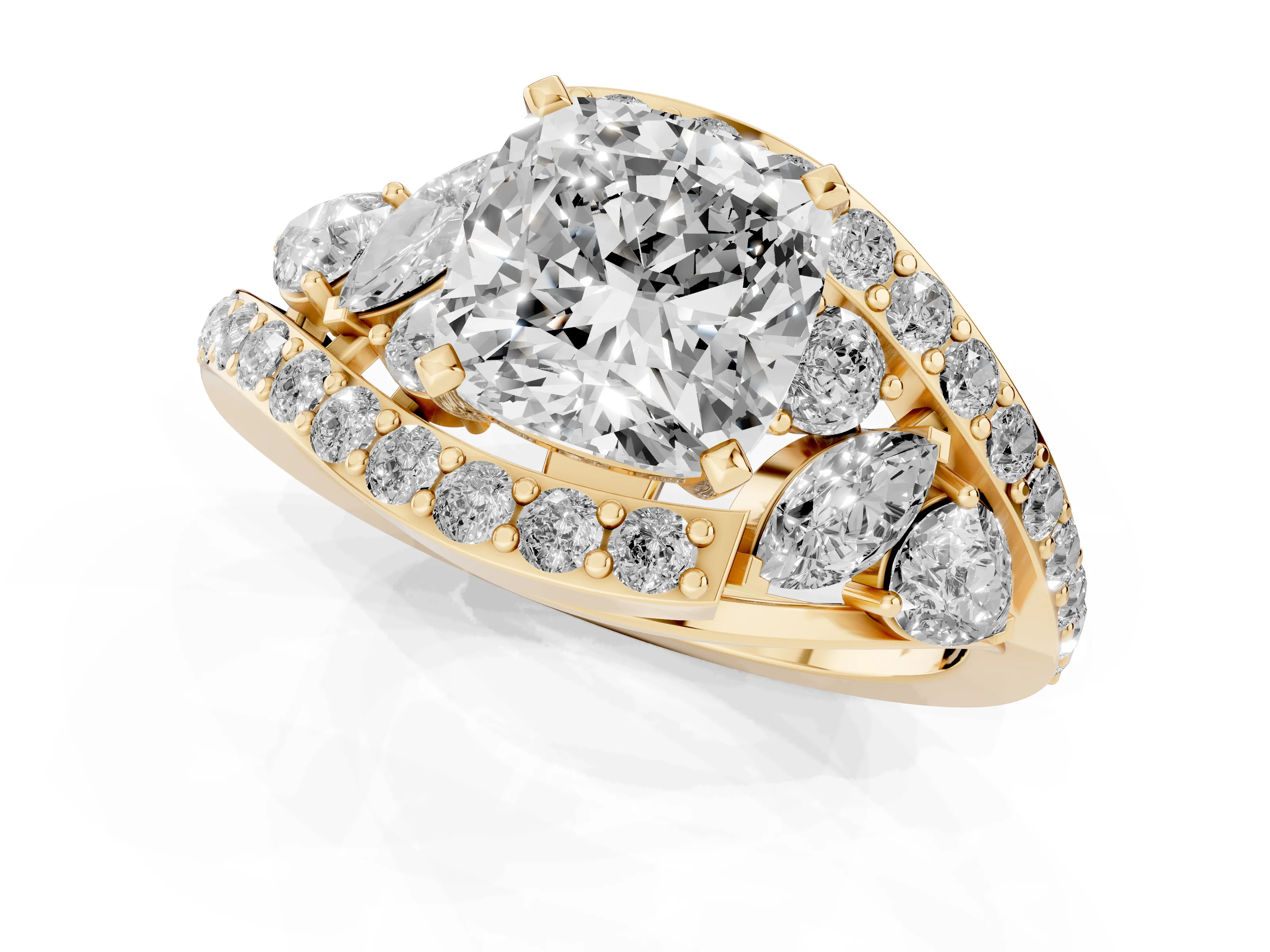 Cushion Cut Diamond Halo Ring Set in Yellow gold with Marquise and Pavé Band in Prong Setting