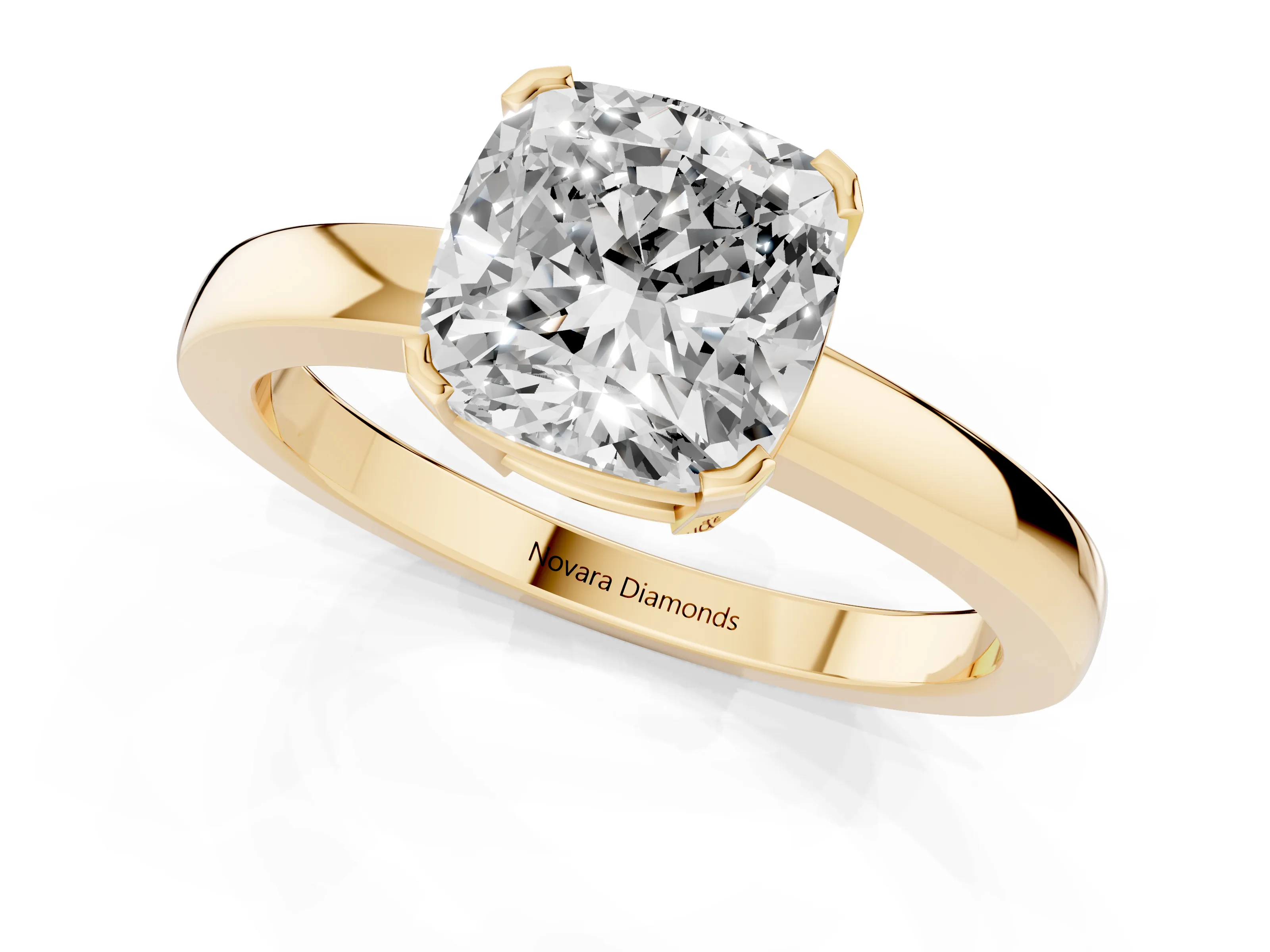 Cushion Cut Diamond Solitaire Ring Set in Yellow gold with Prong Head and Smooth Polished Band – second view