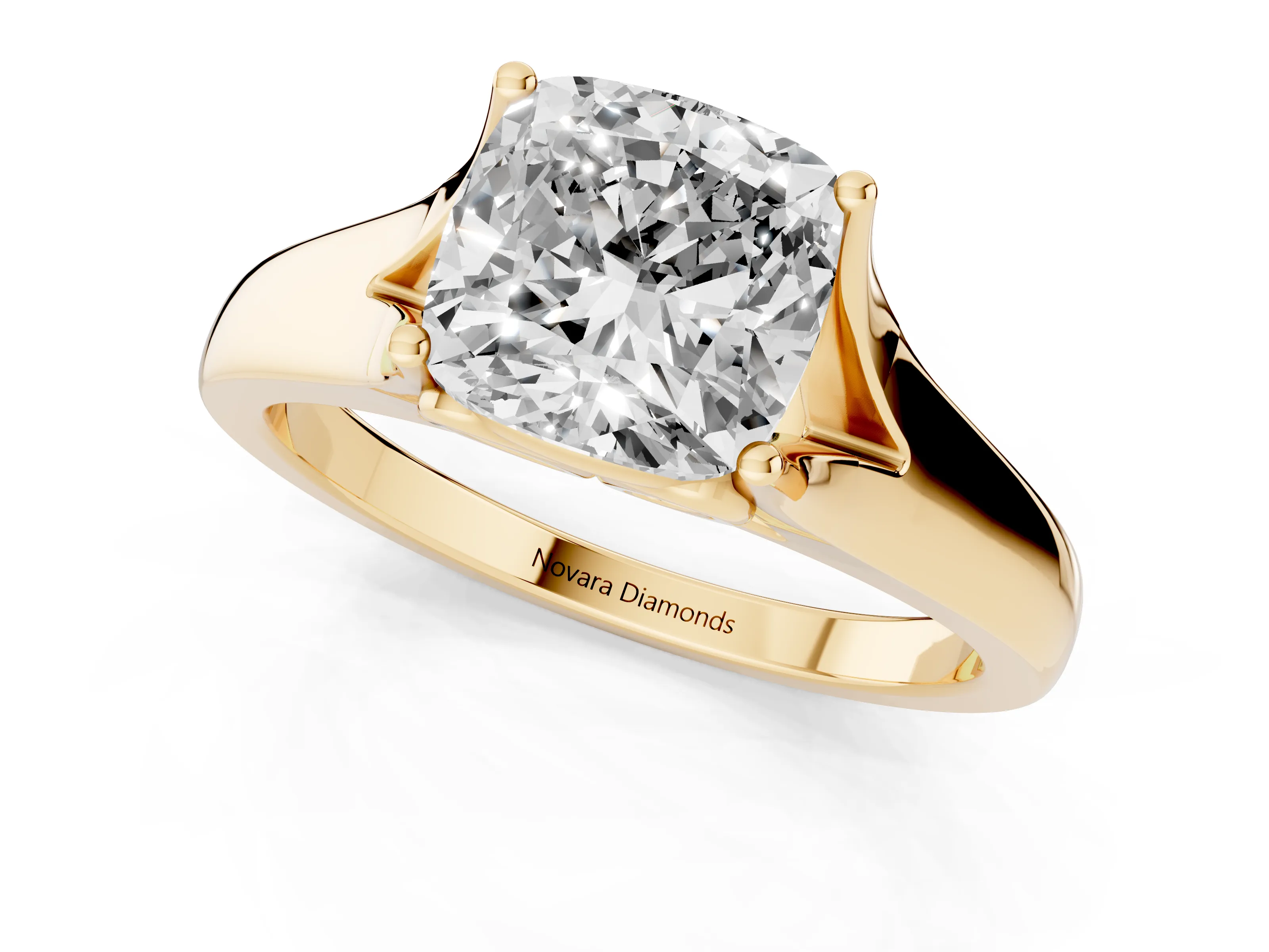 Cushion Cut Diamond Solitaire Ring Set in Yellow gold with Arched Cathedral Band and Prong Setting