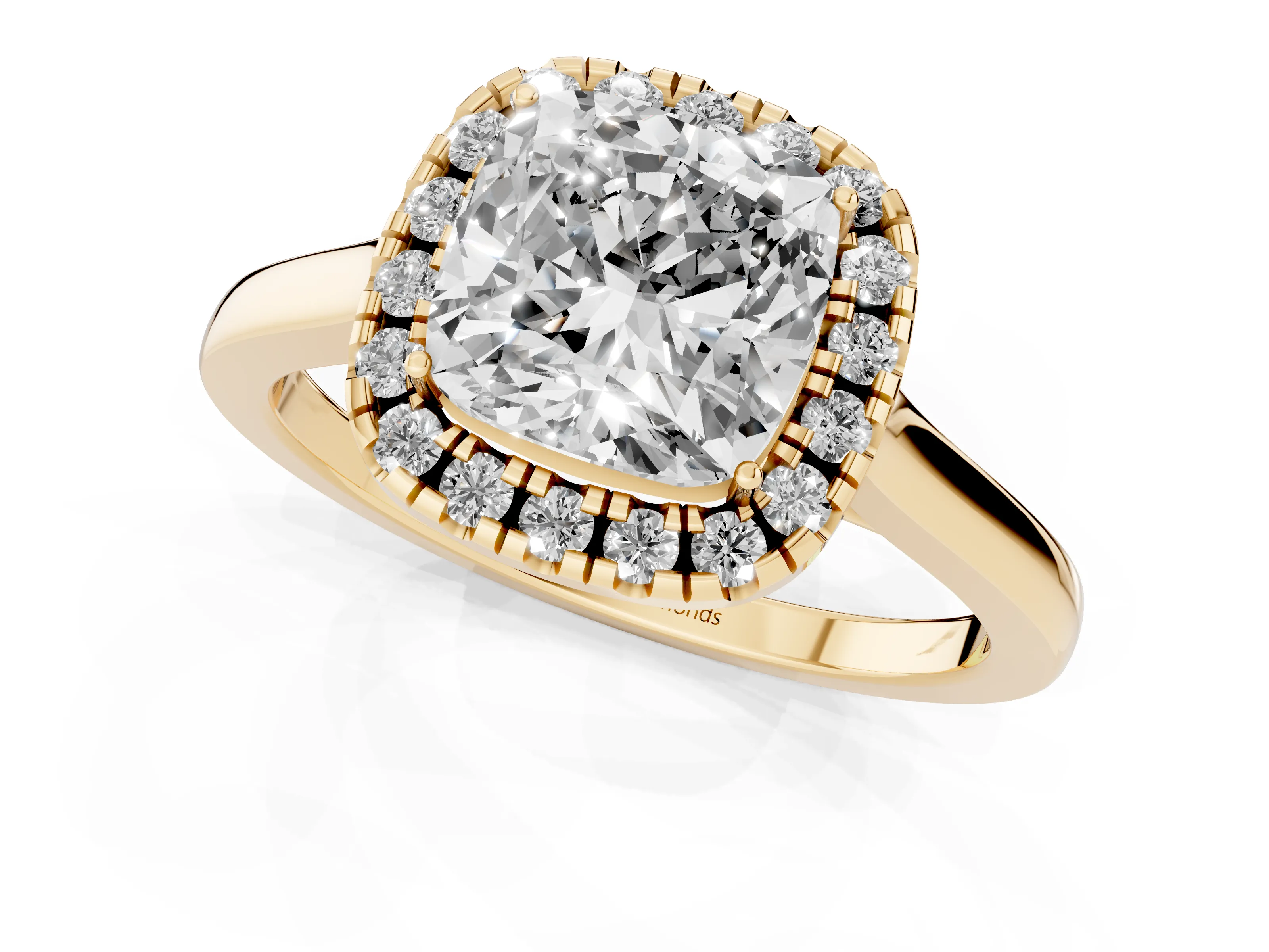 Cushion Cut Halo Round Diamond Solitaire Ring Set in Yellow gold with Pavé Band and Prong Setting