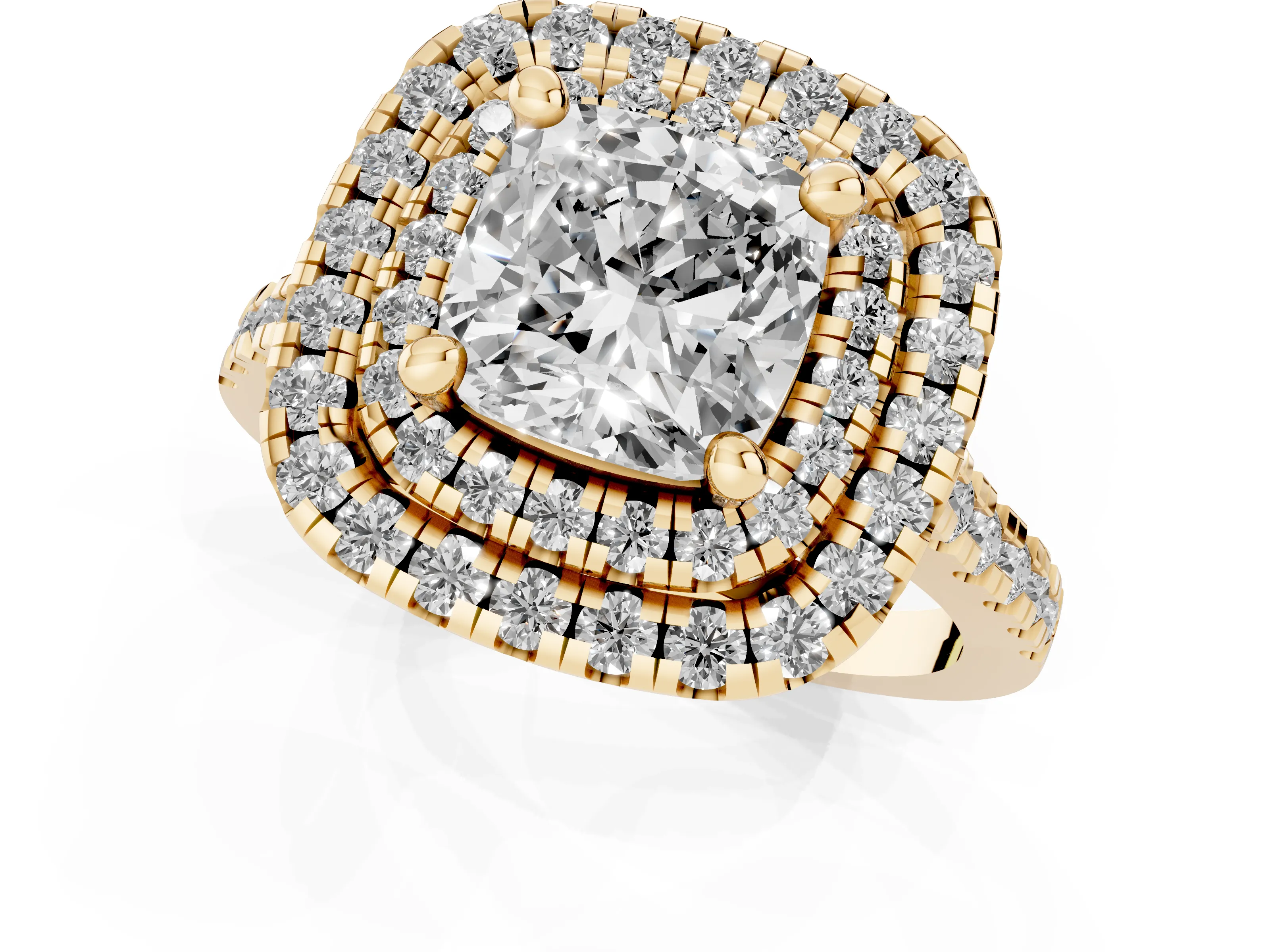 Cushion Cut Diamond Double Halo Statement Ring Set in Yellow gold with Pavé Band – second view