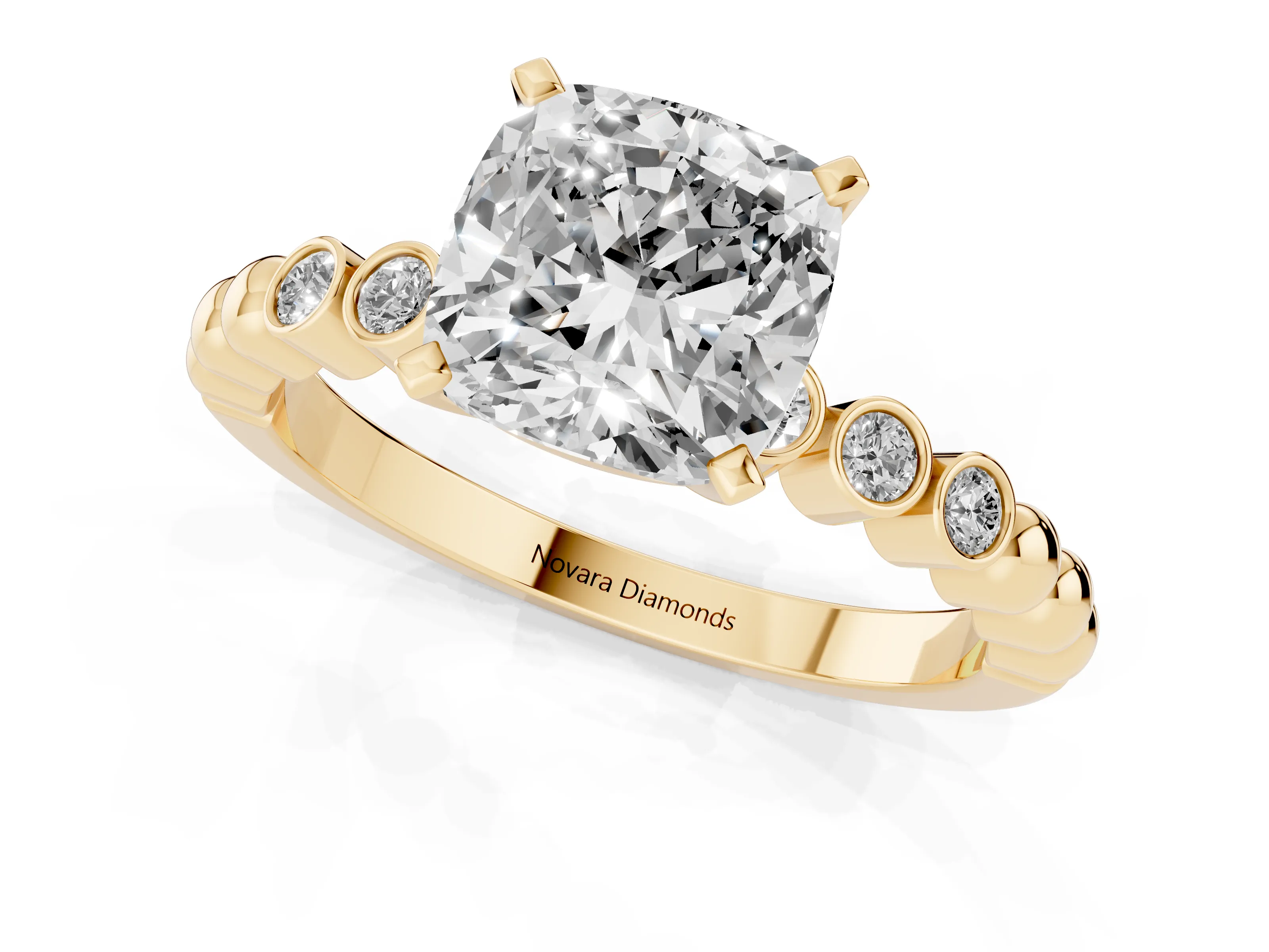 Cushion Cut Diamond Solitaire Engagement Ring Set in Yellow gold with Bezel Accents on Beaded Band