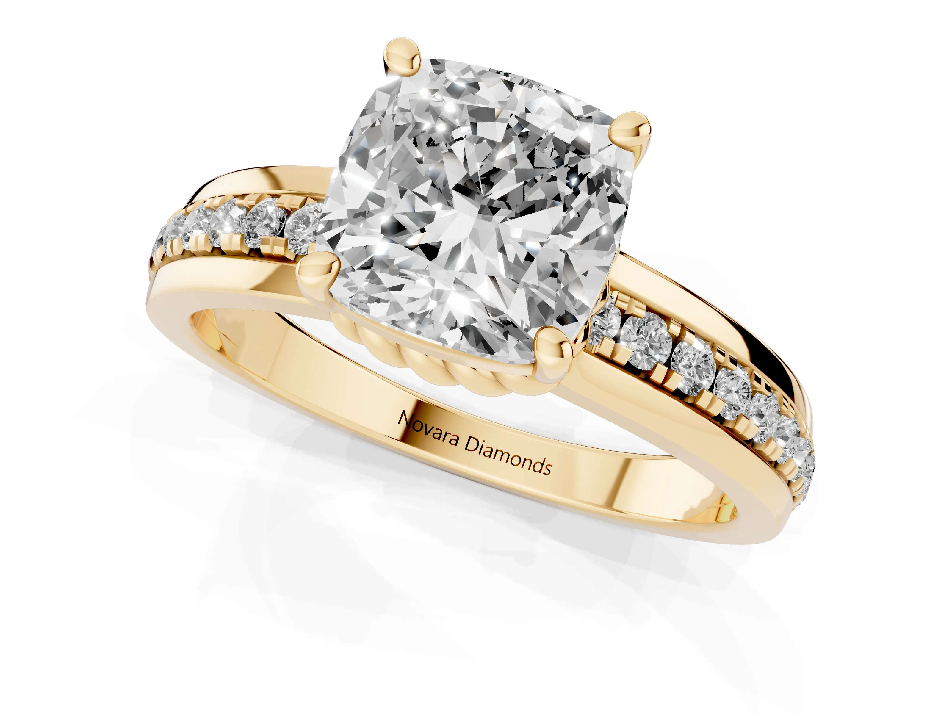 Cushion Cut Diamond Solitaire Ring Set in Yellow gold with Channel Set Band and Prong Setting