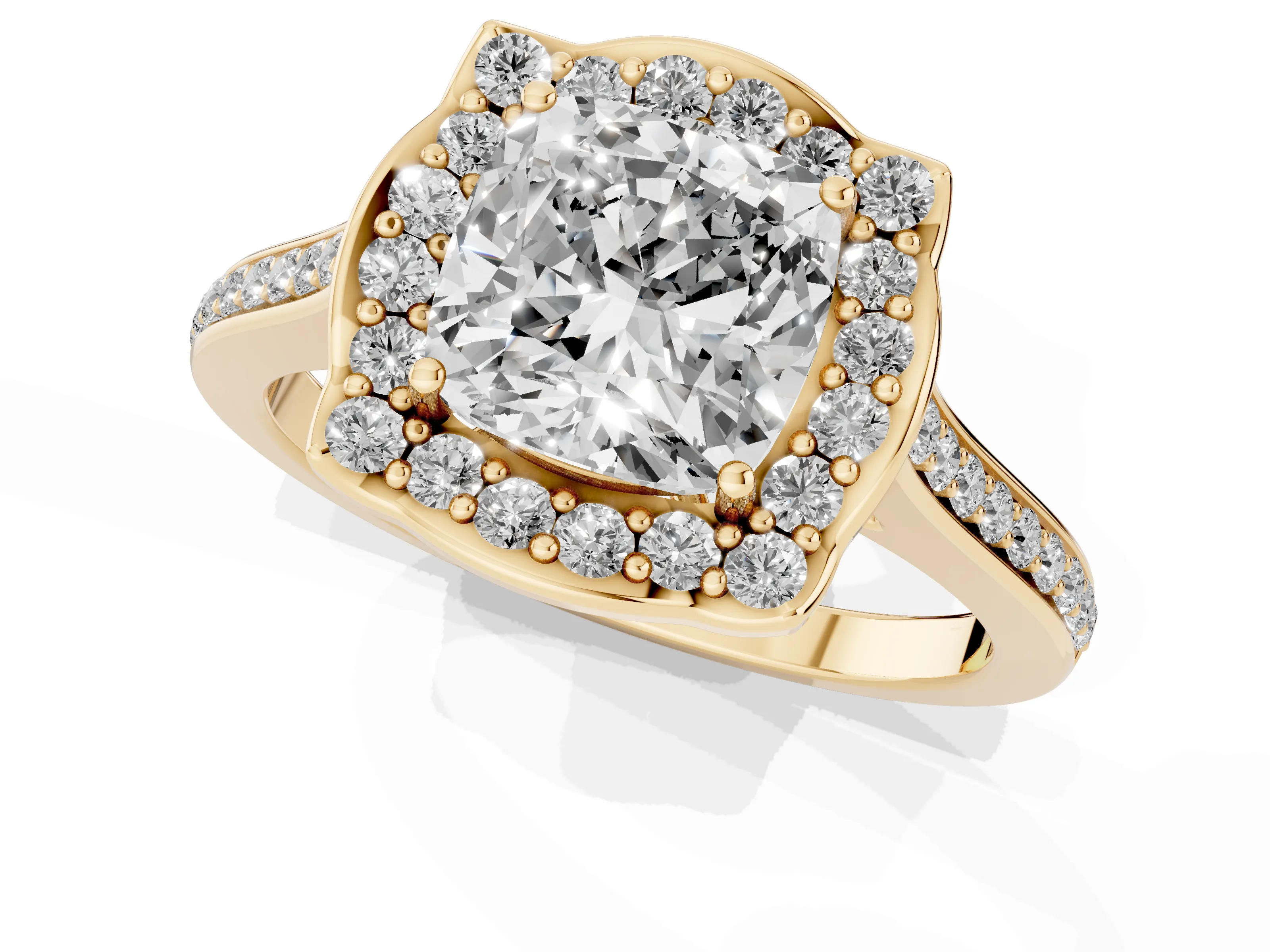 Cushion Cut Diamond Halo Ring Set in Yellow gold with Pavé-Lined Shoulders and Prong Setting