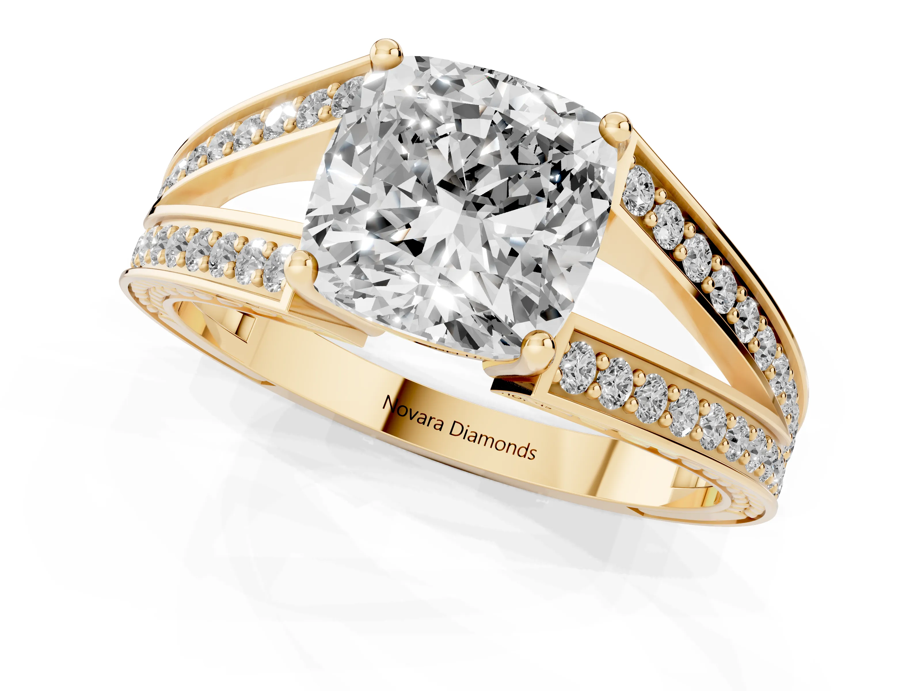 Cushion Cut Diamond Split Shank Ring Set in Yellow gold with Pavé Band and Prong Setting
