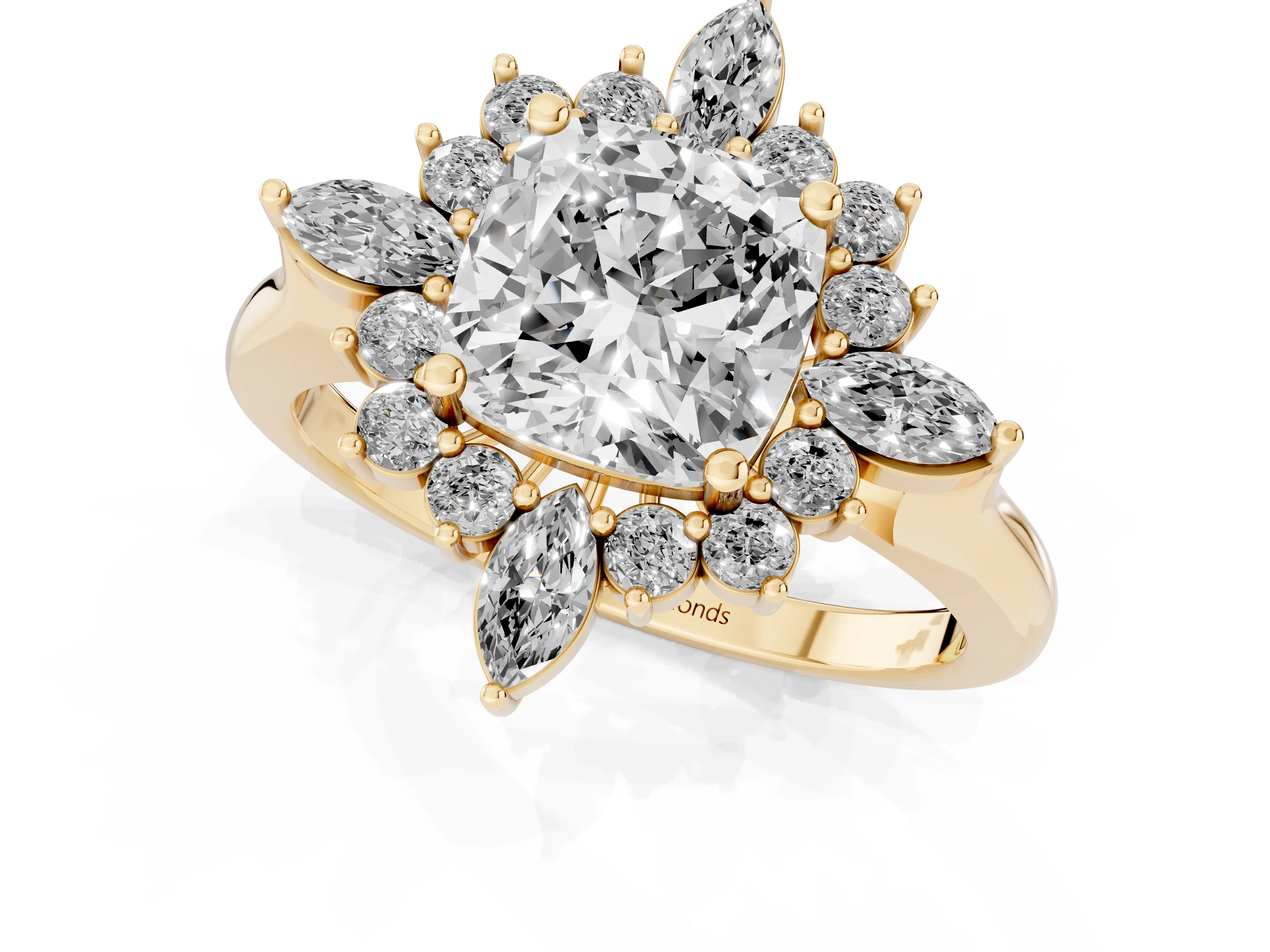 Cushion Cut Diamond Cluster Halo Ring Set in Yellow gold with Marquise and Round Accents