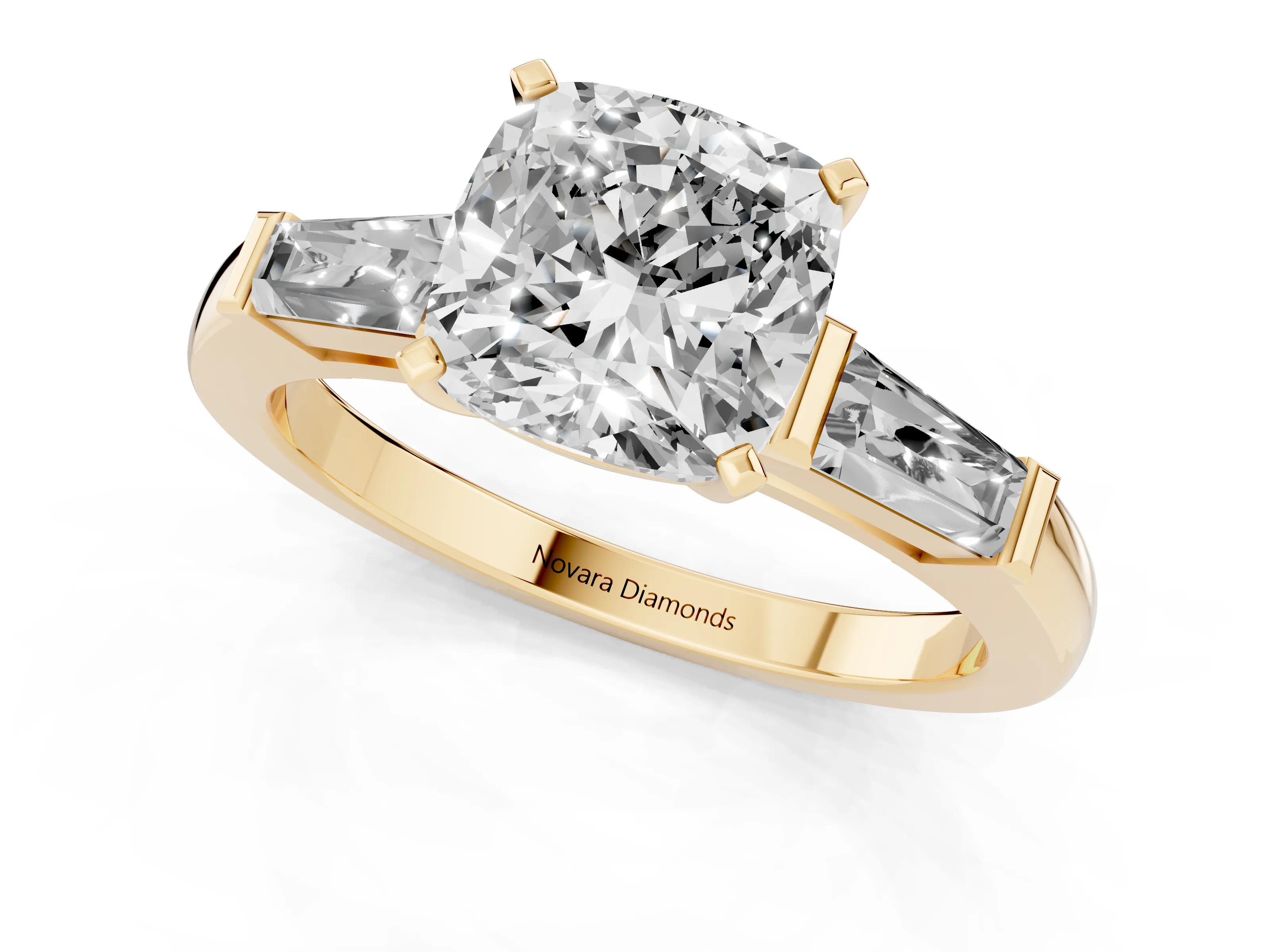 Cushion Cut Diamond Solitaire Ring Set in Yellow gold with Tapered Baguette Side Stones and Prong Setting