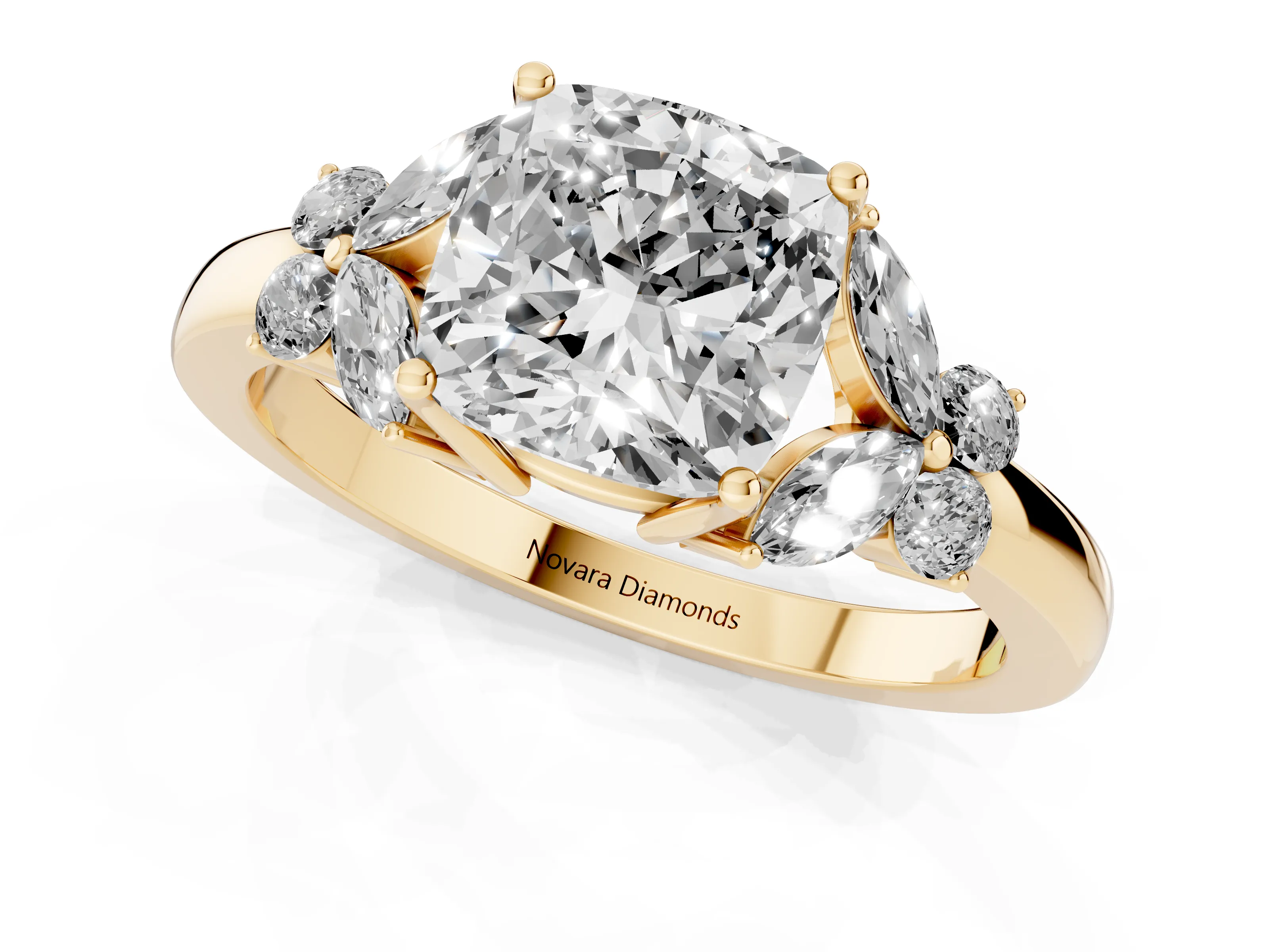 Cushion Cut Diamond Solitaire Floral Ring Set in Yellow gold with Marquise Petals and Prong Setting