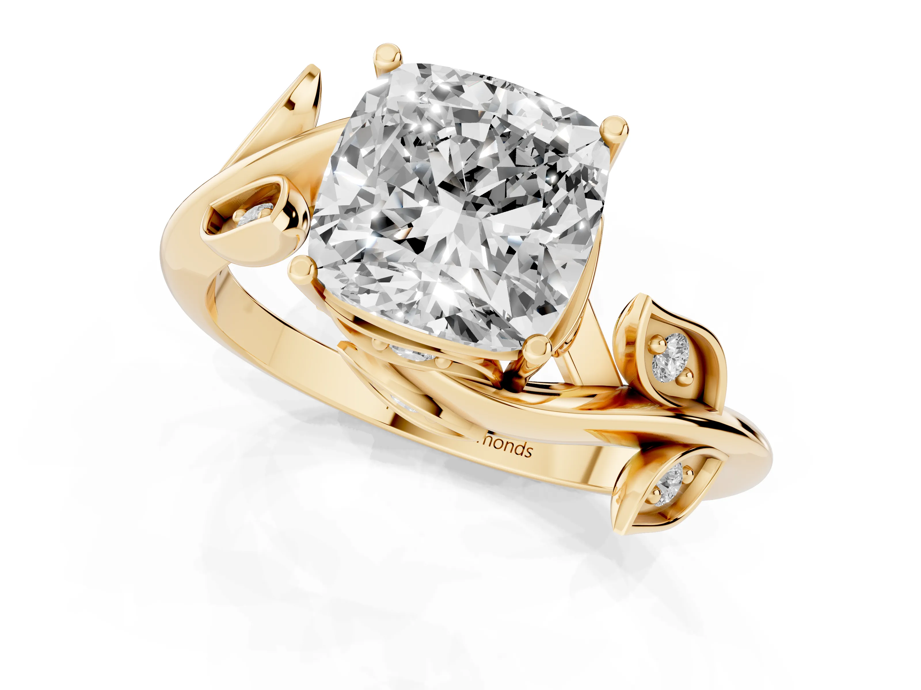 Cushion Cut Diamond Solitaire Twist Engagement Ring Set in Yellow gold with Pavé Leaf Accents