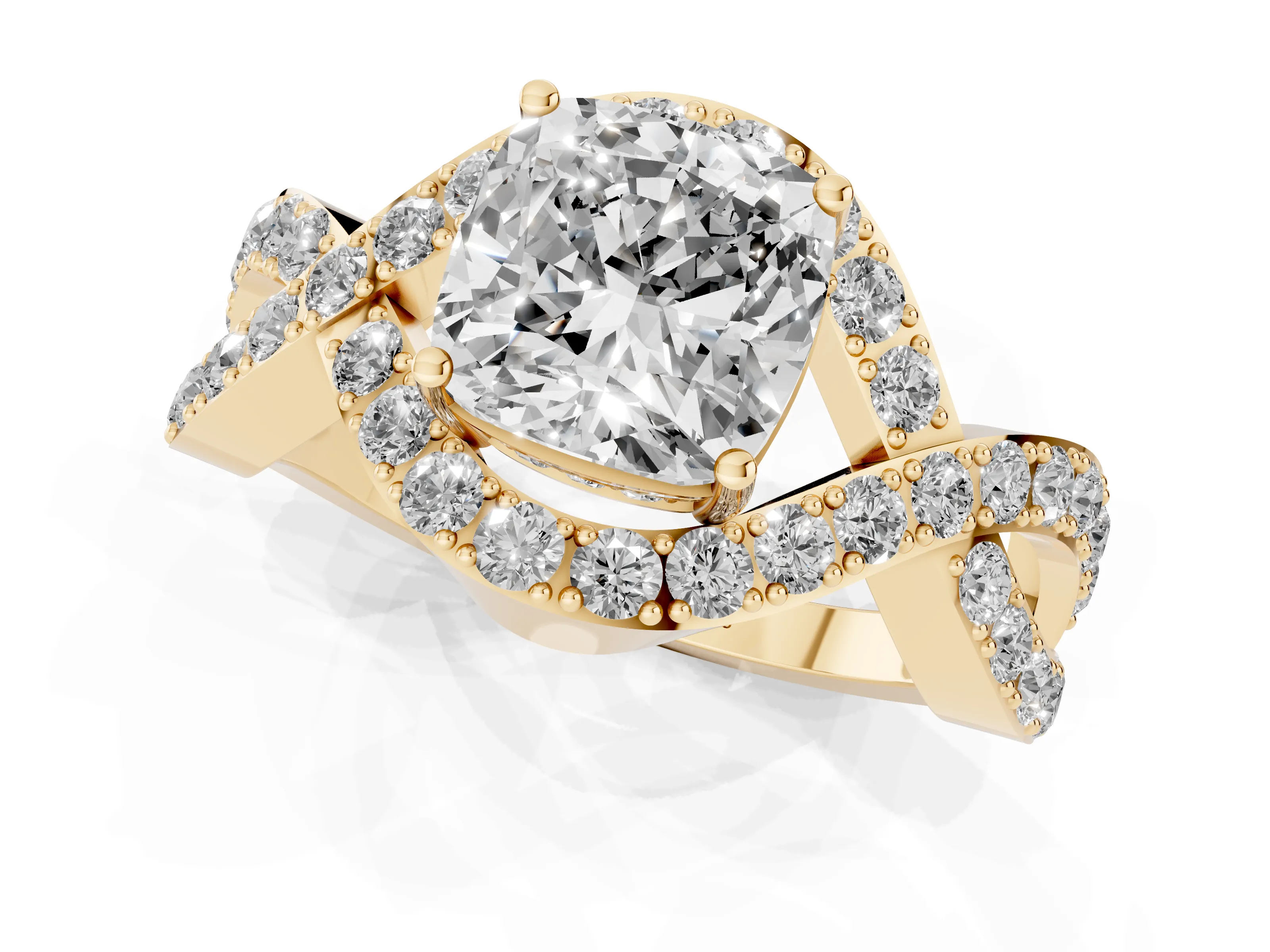 Cushion Cut Diamond Solitaire Twist Band Pavé Engagement Ring Set in Yellow gold