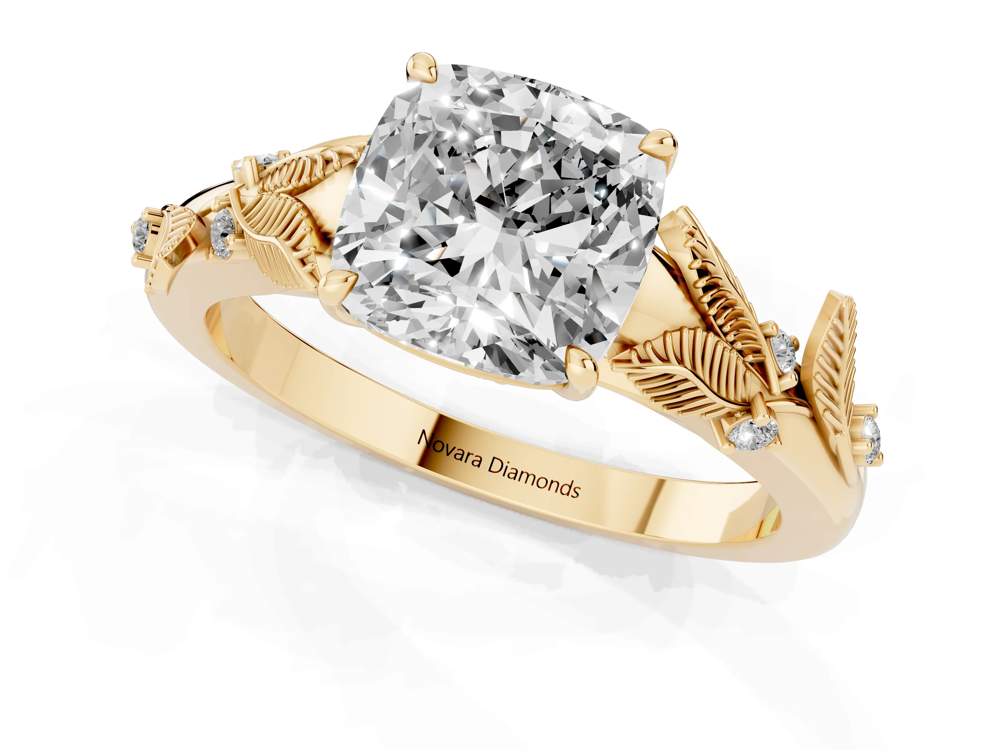 Cushion Cut Diamond Solitaire Ring Set in Yellow gold with Leaf Motif Band