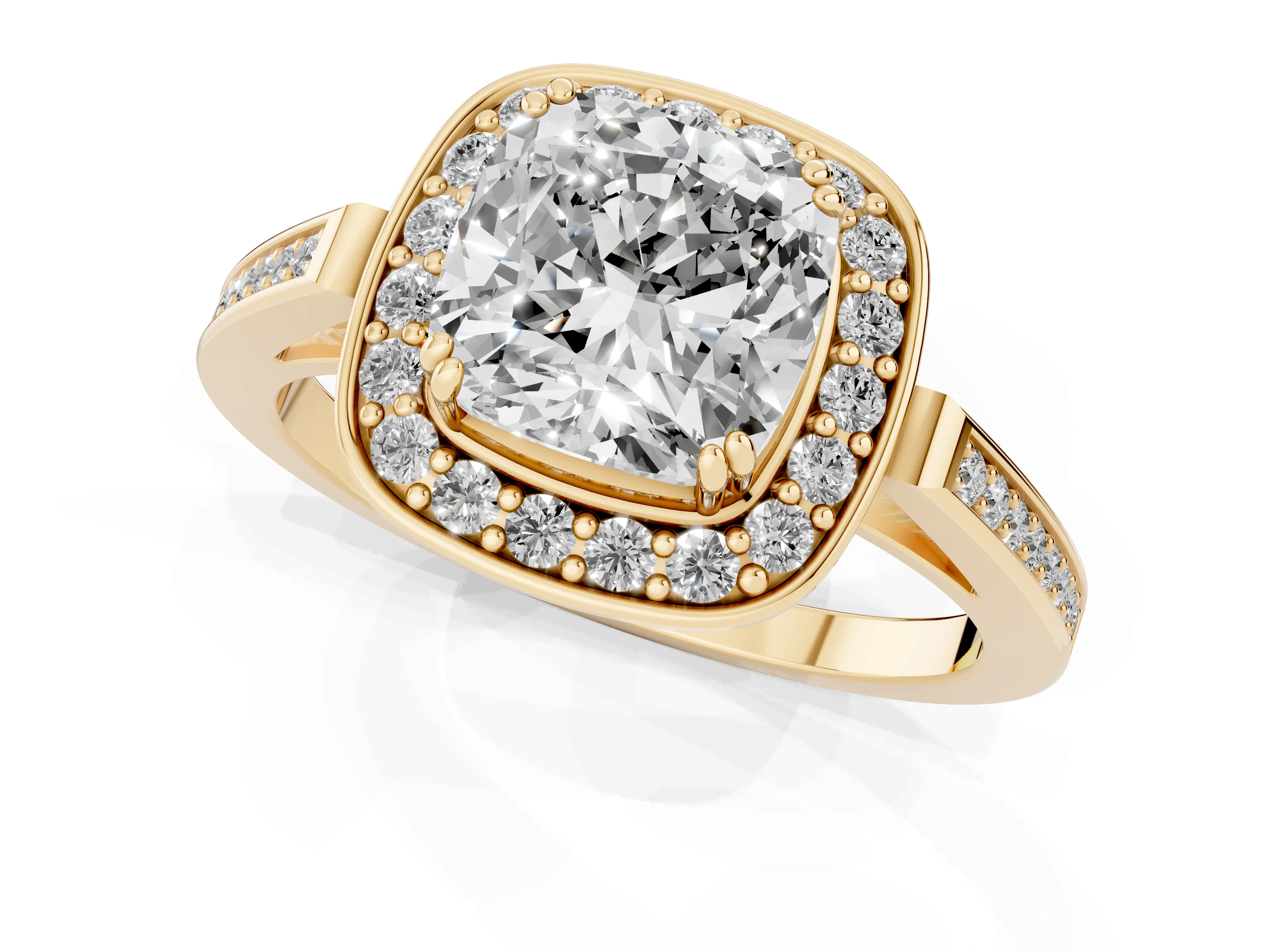 Cushion Cut Diamond Halo Ring Set in Yellow gold with Accent-Lined Split Shank and Prong Setting