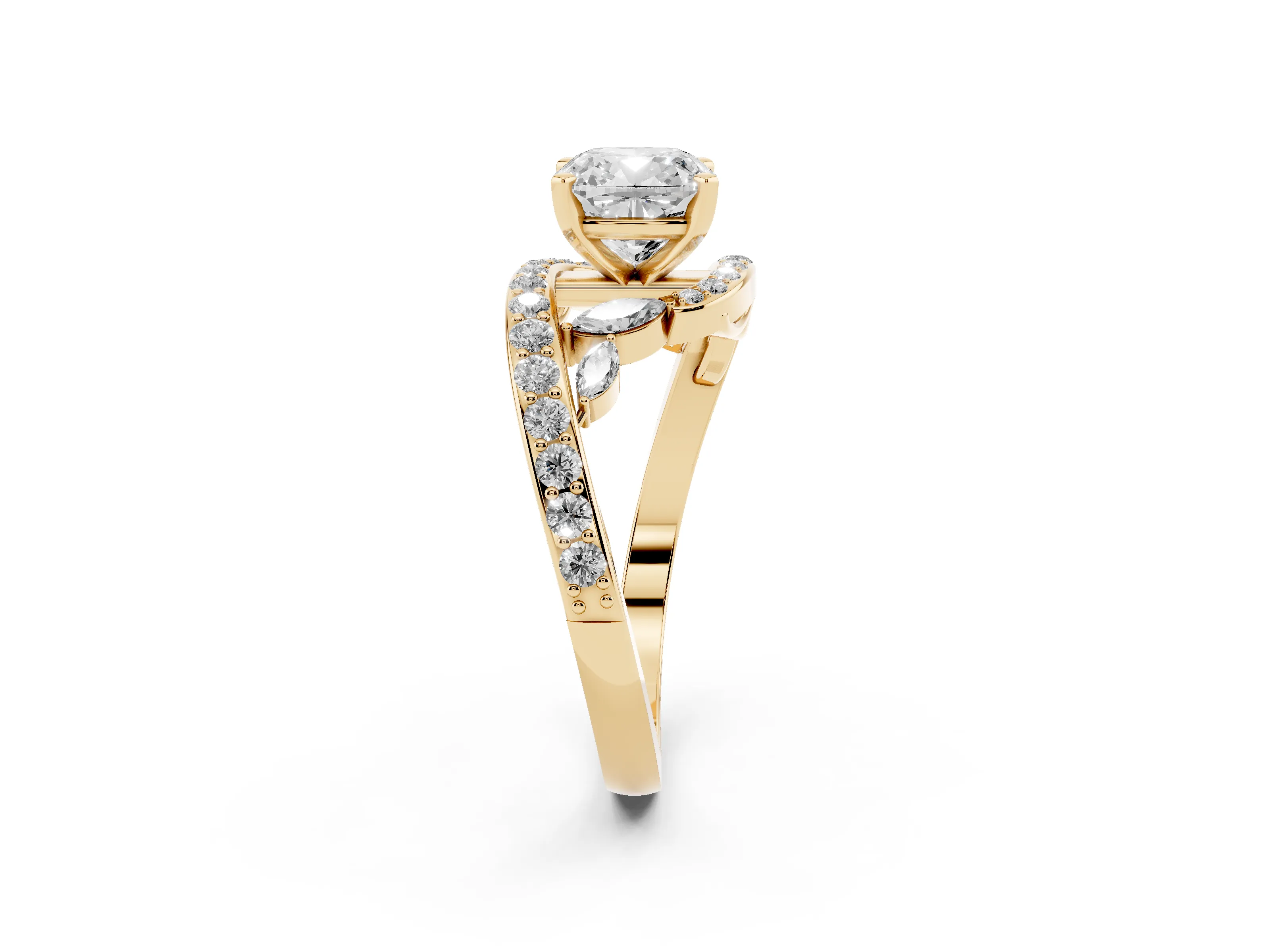 Cushion Cut Diamond Solitaire Ring Set in Yellow gold with Filigree Band and Prong Setting