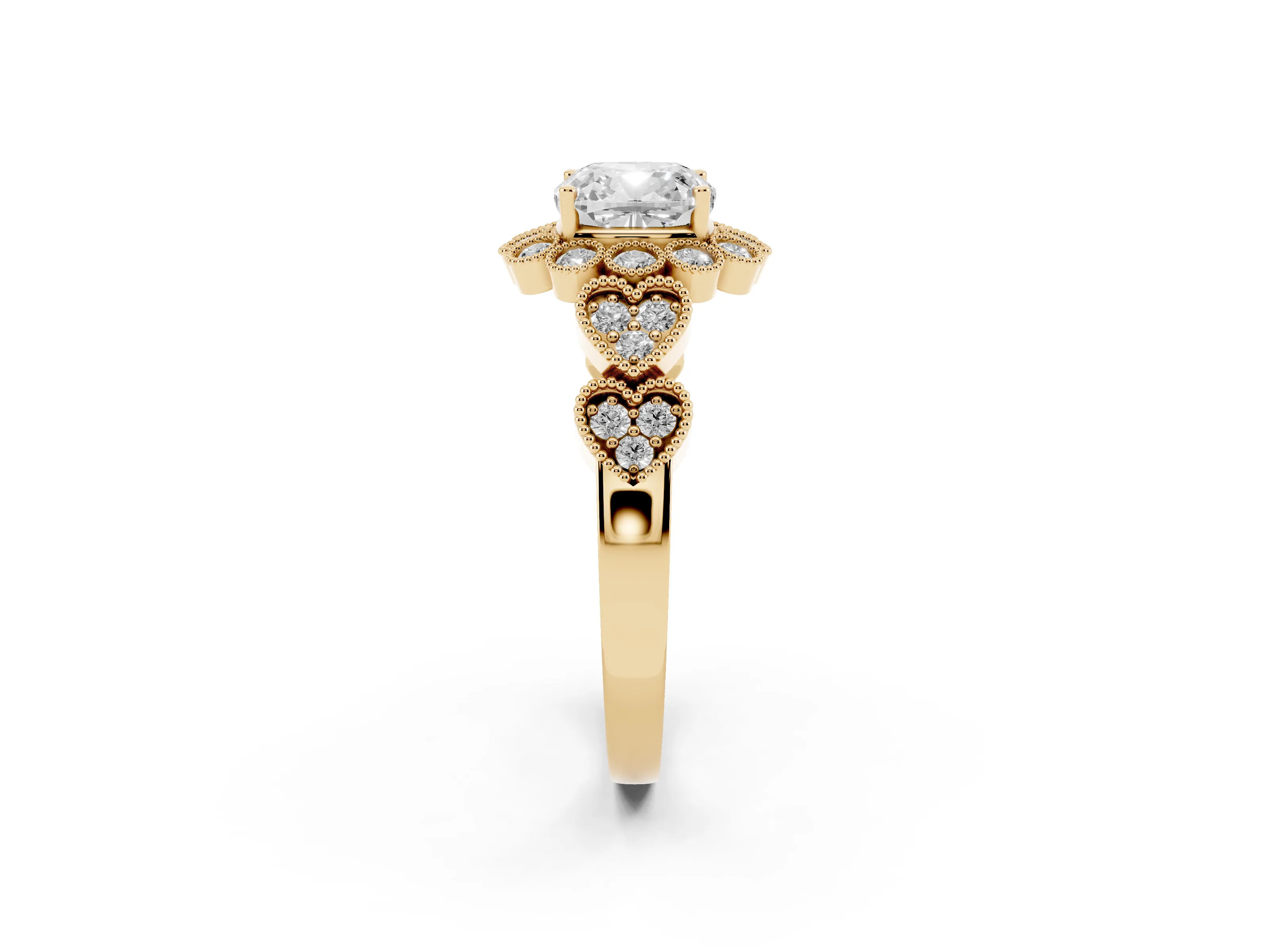 Cushion Cut Diamond Solitaire Ring Set in Yellow gold with Milgrain Pavé Heart Band