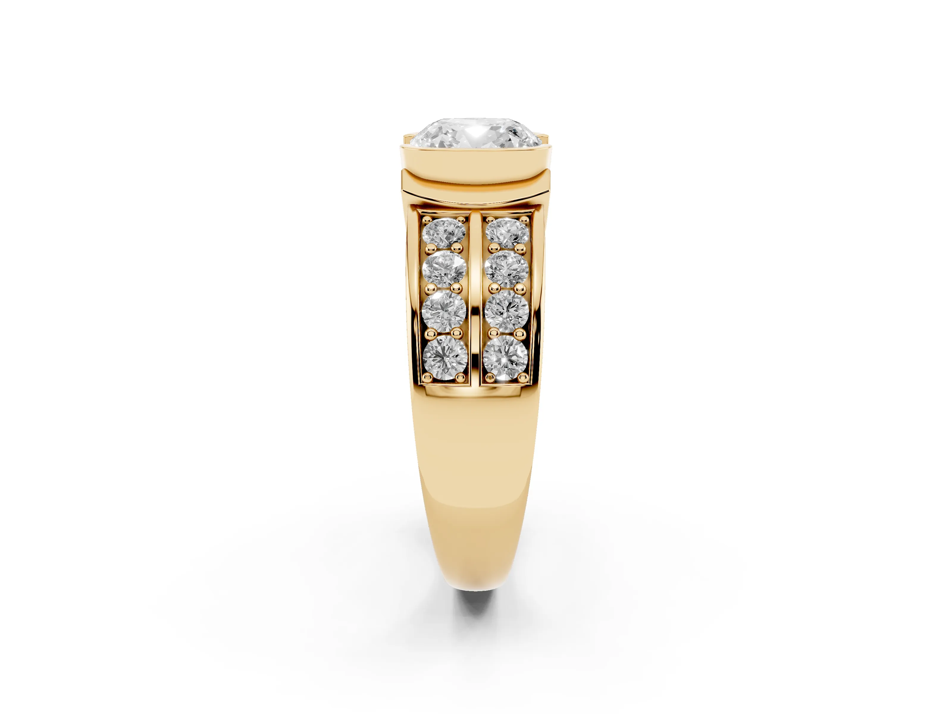 Cushion Cut Diamond Wide Channel Set Band Ring Set in Yellow gold with Bezel Setting