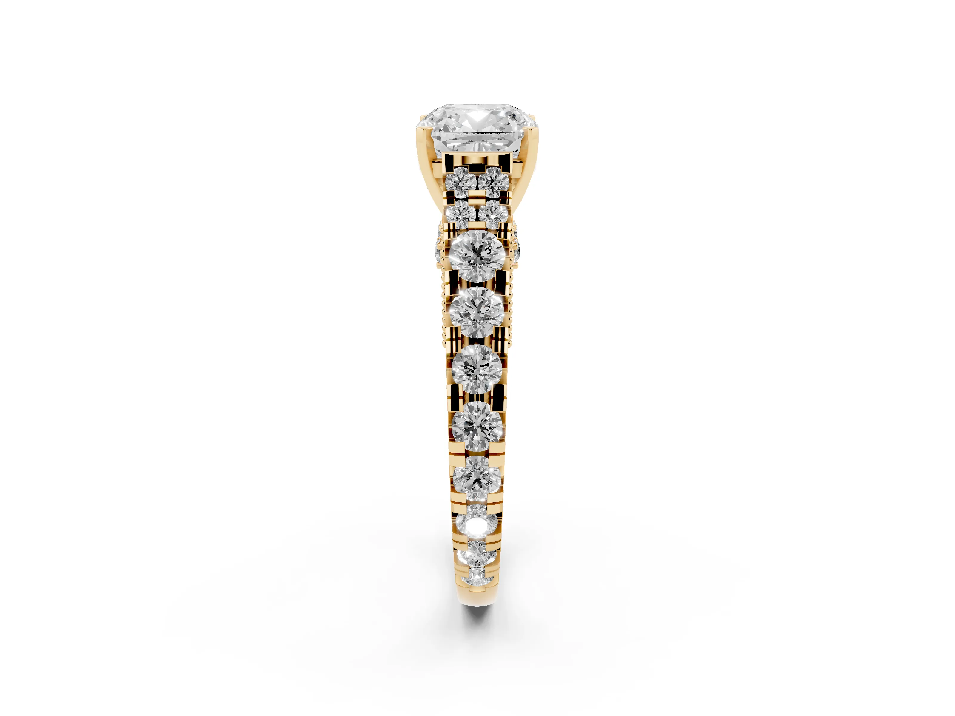 Cushion Cut Diamond Classic Solitaire Ring Set in Yellow gold with Pavé Band and Prong Setting