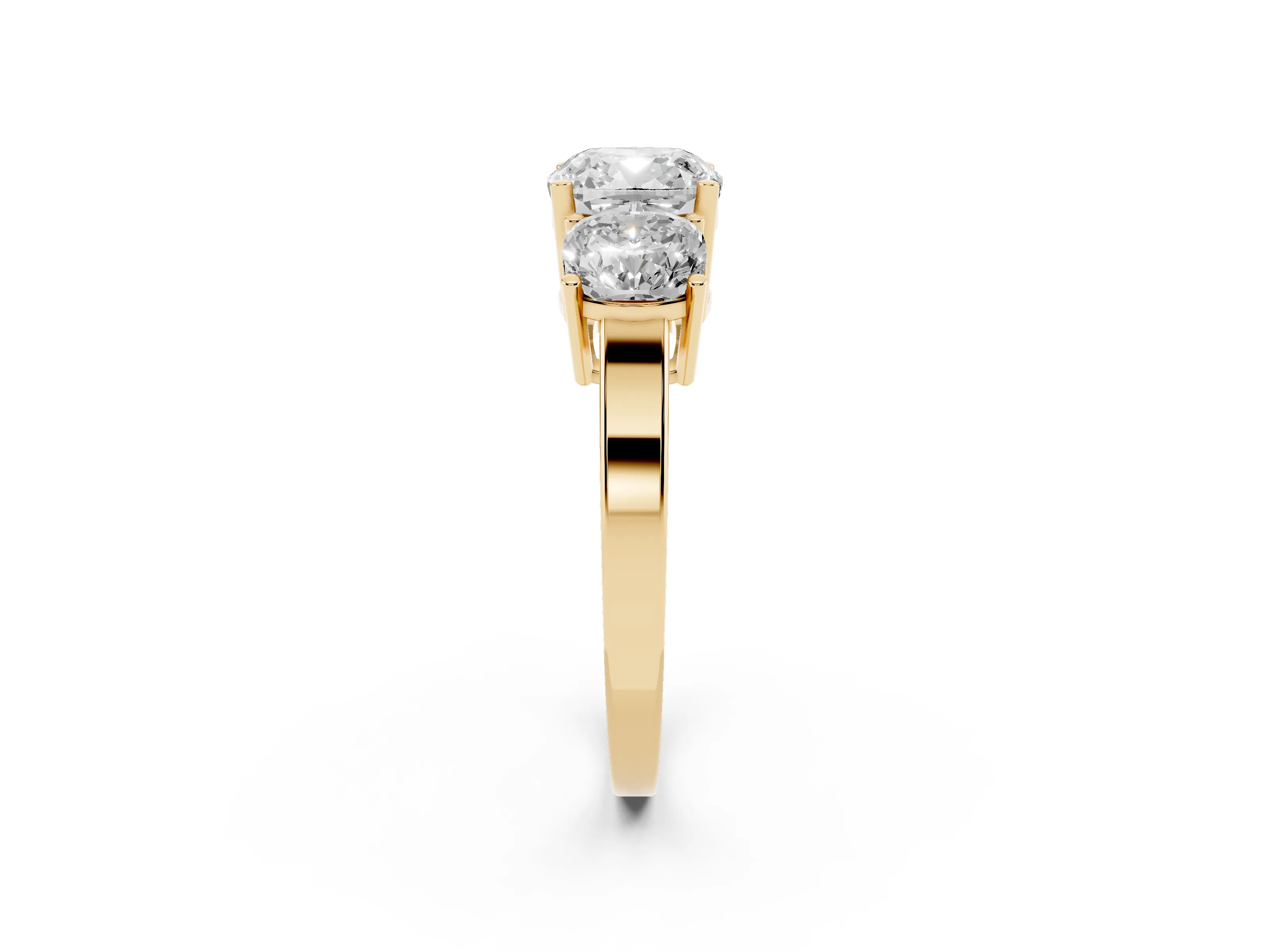 Cushion Cut Diamond Three-Stone Engagement Ring Set in Yellow gold with Flat Band